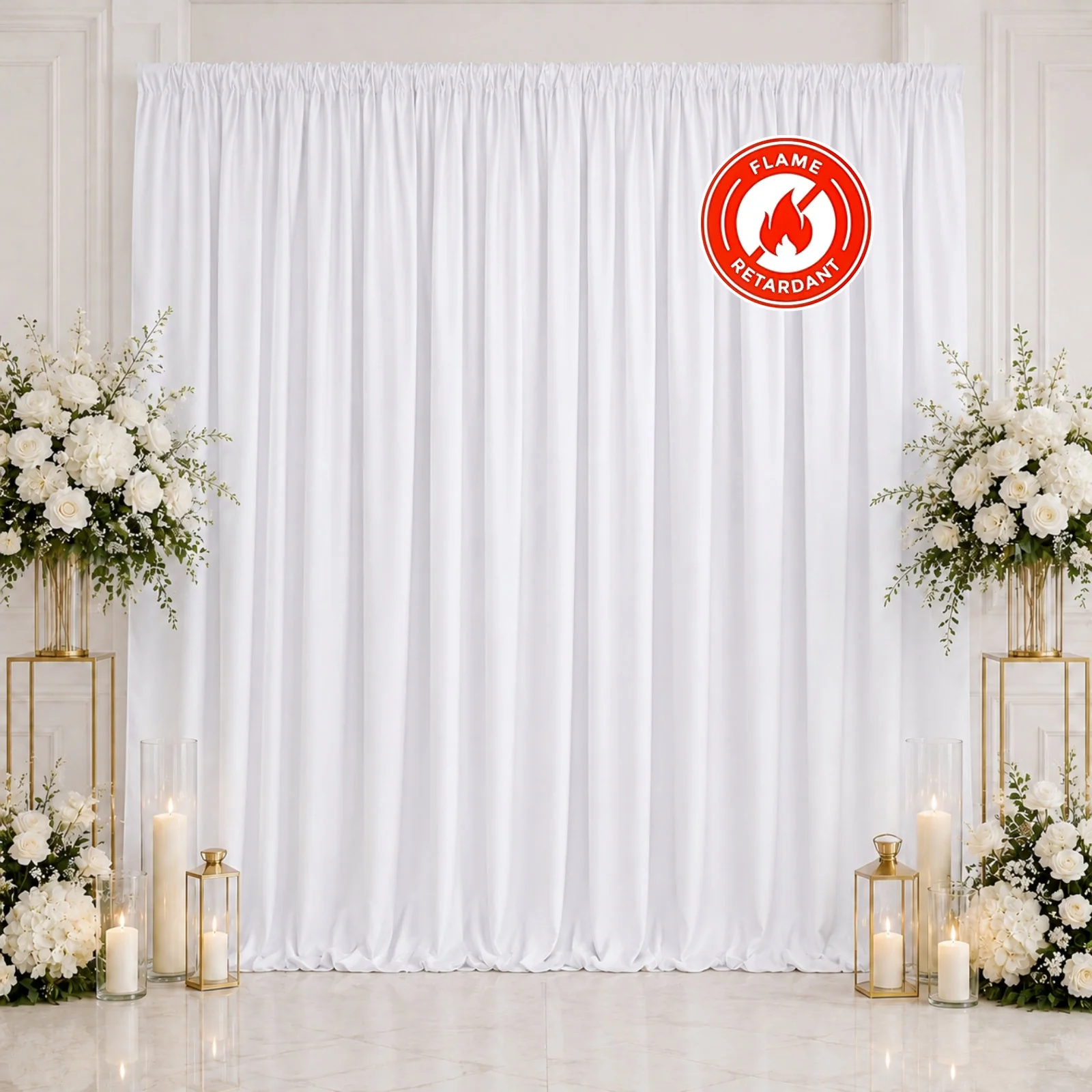 Scuba Polyester Backdrop Curtain White 10ftx10ft Durable Flame Resistant Wrinkle-Free Event Drape Panel With Rod Pocket