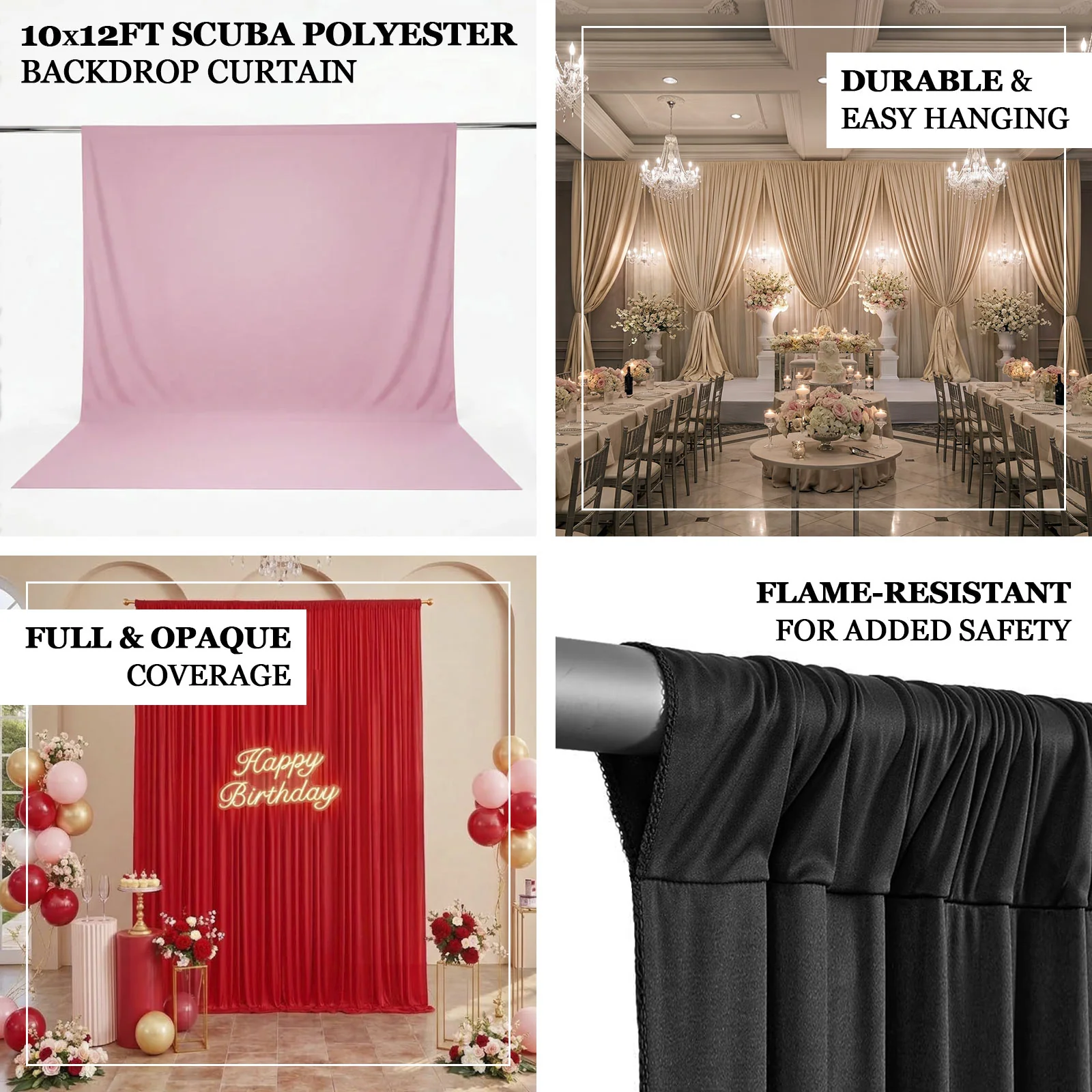 Scuba Polyester Backdrop Curtain Black 10ftx12ft Durable Flame Resistant Wrinkle-Free Event Drape Panel With Rod Pocket - Image 4