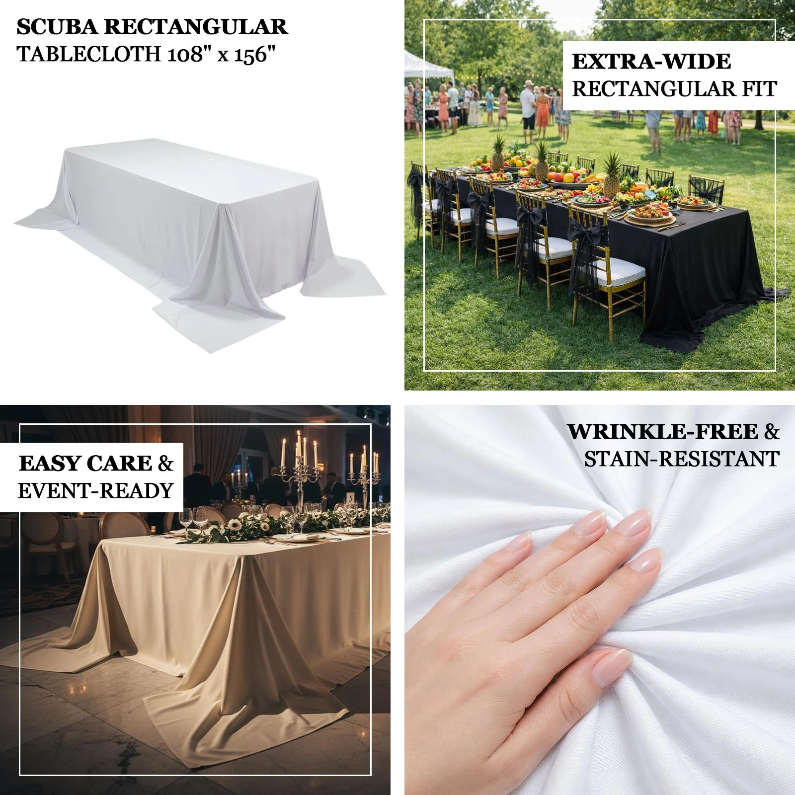 Scuba Rectangular King Tablecloth – Black, 108" x 156" Extra-Wide, Wrinkle-Free & Stain-Resistant Banquet Linen for 8ft Tables - Image 4