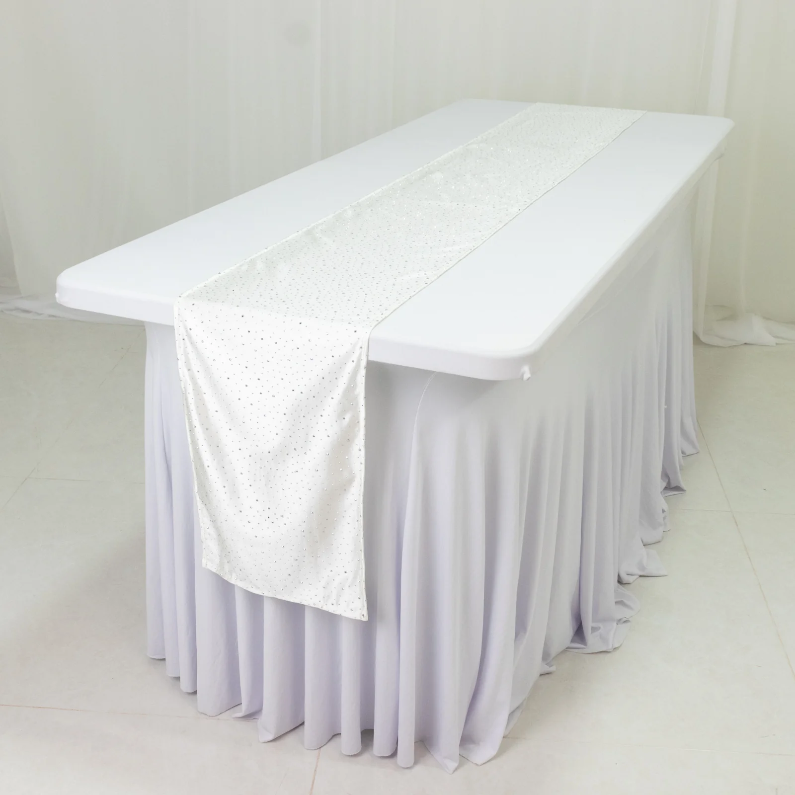 Scuba Table Runner with Rhinestone Accents - Pearl White 12"x108" Wrinkle-Free Table Linen - Image 3