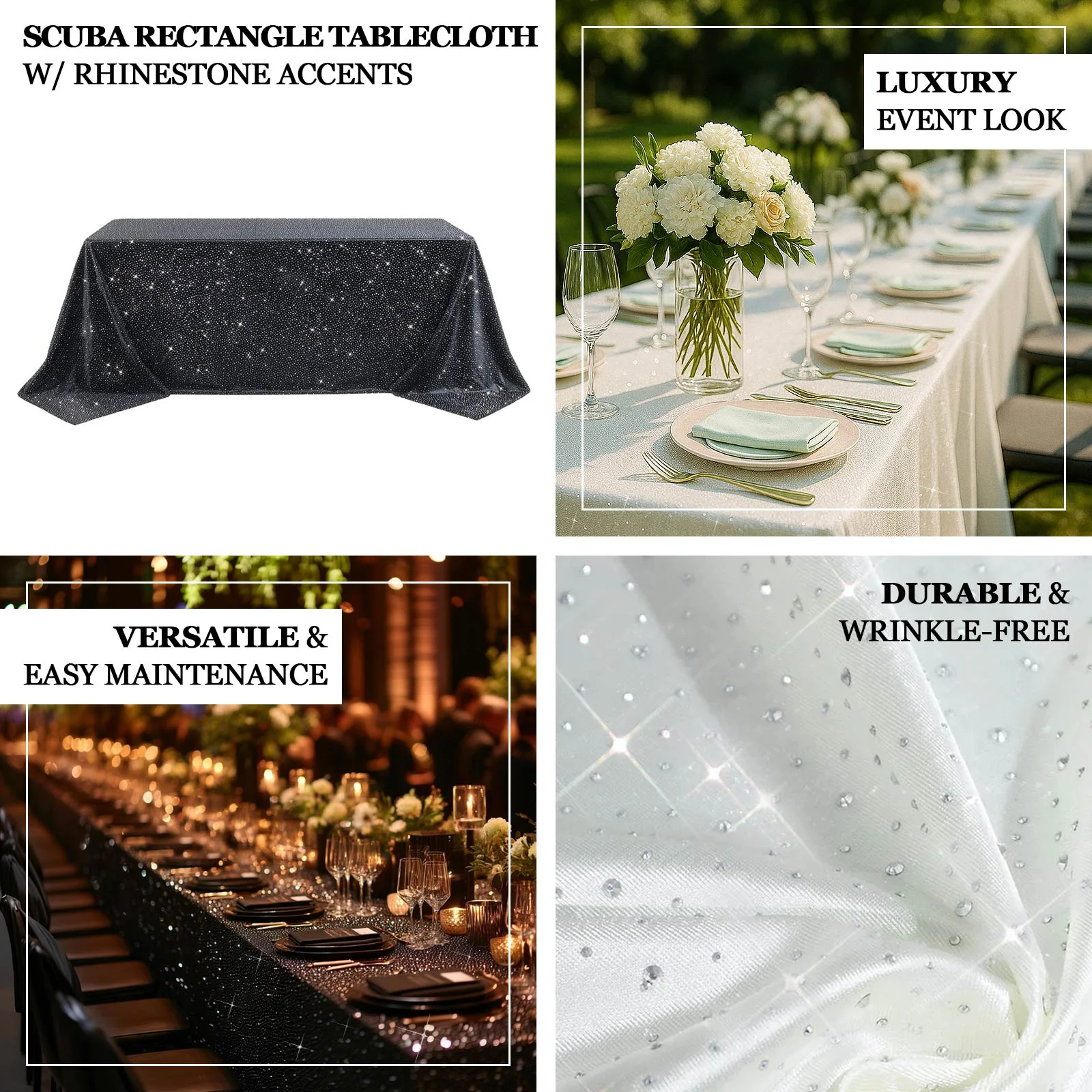 Scuba Rectangular 90"×132" Black Tablecloth with Rhinestone Accents – Wrinkle-Free, Stain-Resistant & Seamless Luxury Event Cover - Image 4