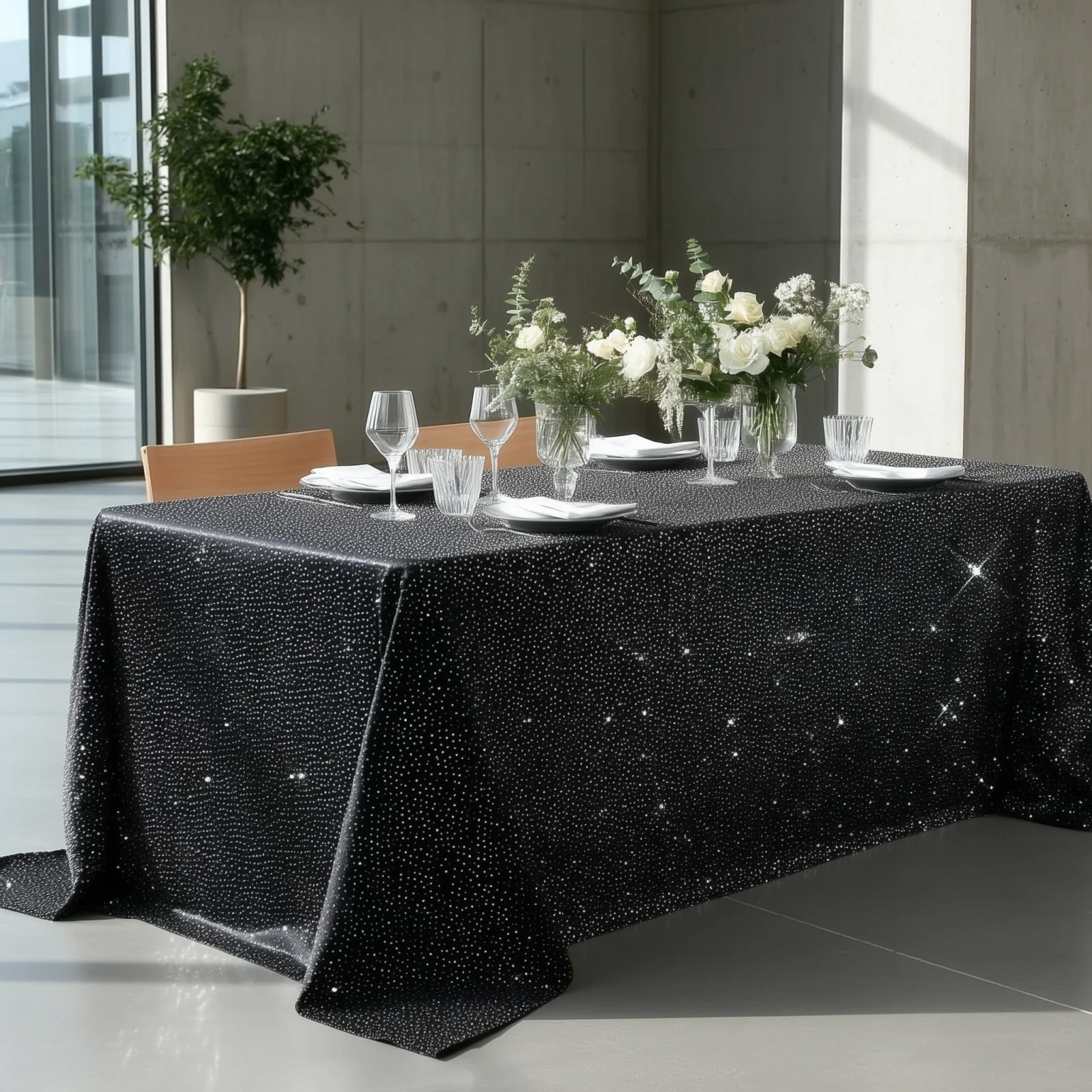 Scuba Rectangular 90"×132" Black Tablecloth with Rhinestone Accents – Wrinkle-Free, Stain-Resistant & Seamless Luxury Event Cover - Image 6