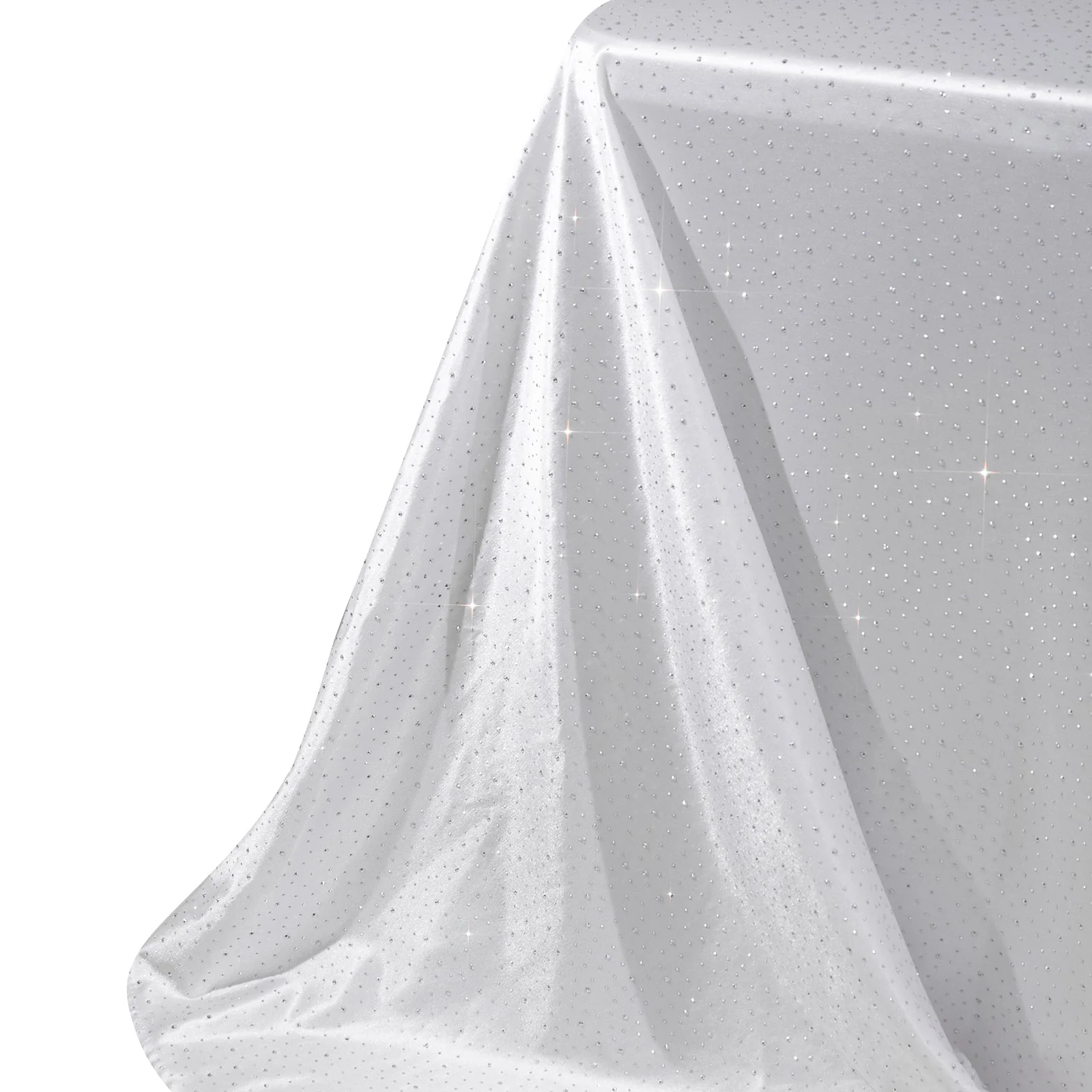 Scuba Rectangular 90"×132" White Tablecloth with Rhinestone Accents – Wrinkle-Free, Stain-Resistant & Seamless Luxury Event Cover