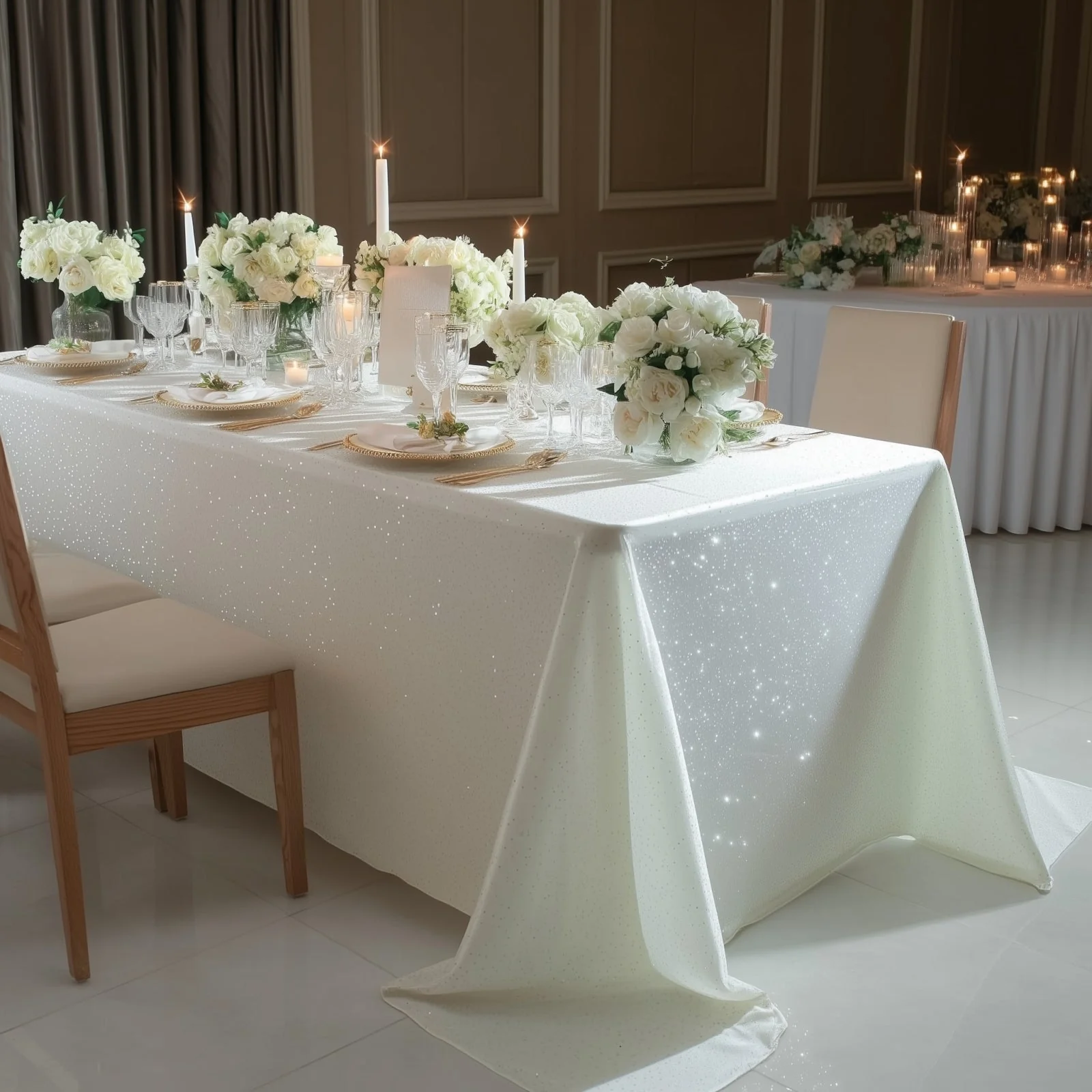 Scuba Rectangular 90"×132" Pearl White Tablecloth with Rhinestone Accents – Wrinkle-Free, Stain-Resistant & Seamless Luxury Event Cover - Image 6