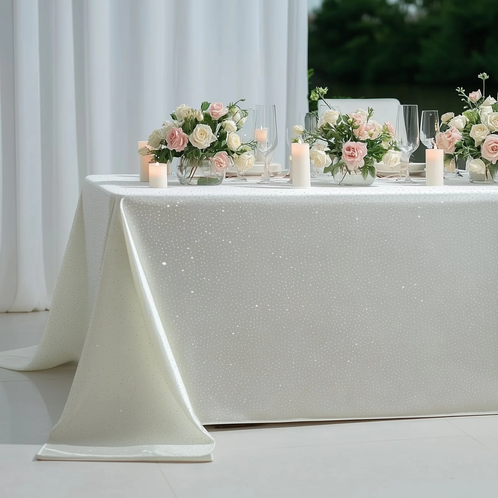 Scuba Rectangular 90"×156" Pearl White Tablecloth with Rhinestone Accents – Wrinkle-Free, Stain-Resistant & Seamless Luxury Event Cover - Image 5