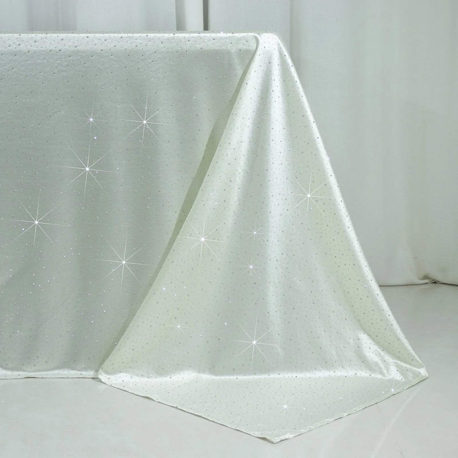Scuba Rectangular 90"×156" Pearl White Tablecloth with Rhinestone Accents – Wrinkle-Free, Stain-Resistant & Seamless Luxury Event Cover - Image 6