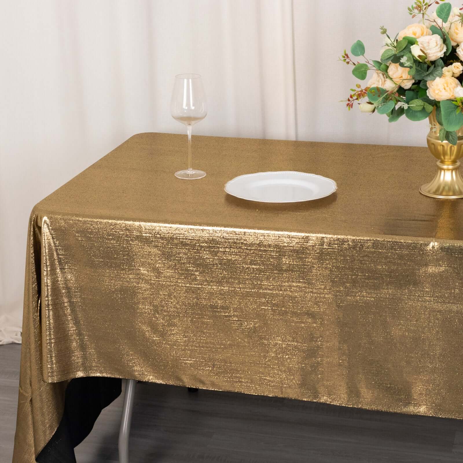 Sequin Dots Polyester Rectangle Tablecloth 60"x126" Antique Gold Shimmer - Wrinkle Free & Sparkling Table Cover - Image 7