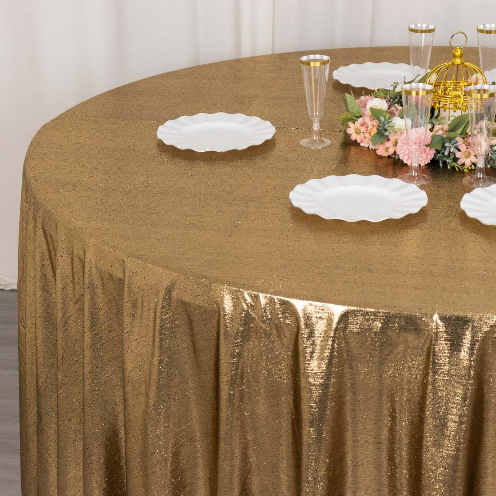 Sequin Dots Polyester Round Tablecloth 120" Antique Gold Shimmer - Wrinkle Free & Sparkling Table Cover - Image 2