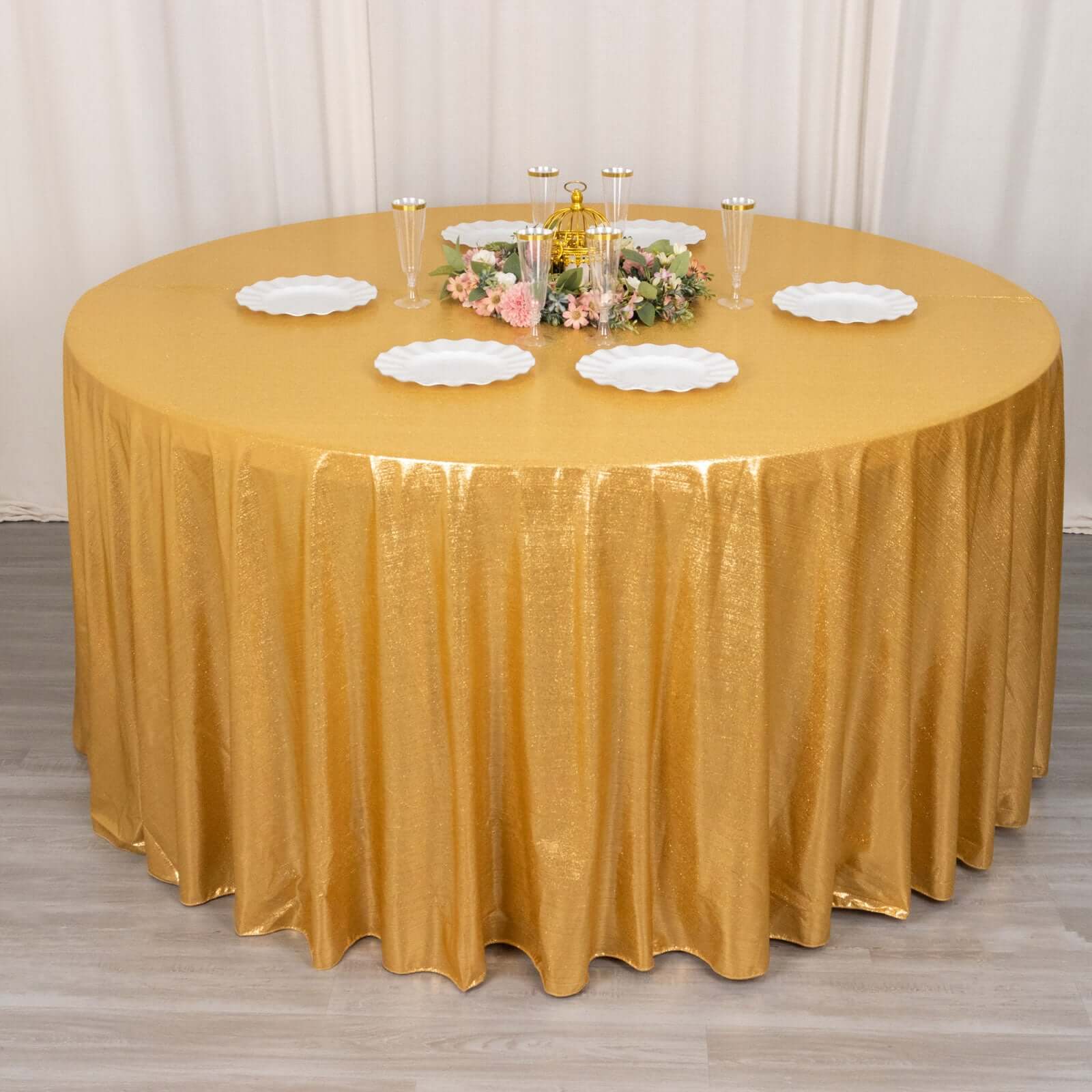 Sequin Dots Polyester Round Tablecloth 120" Gold Shimmer - Wrinkle Free & Sparkling Table Cover for Stylish Occasions - Image 3