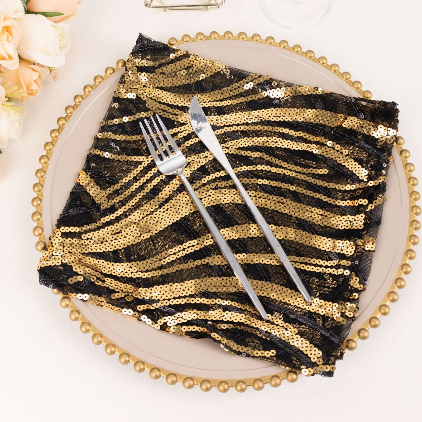 Sequin Mesh Napkin 20"x20" Black Gold - Wave Embroidered Dinner Napkin - Image 4