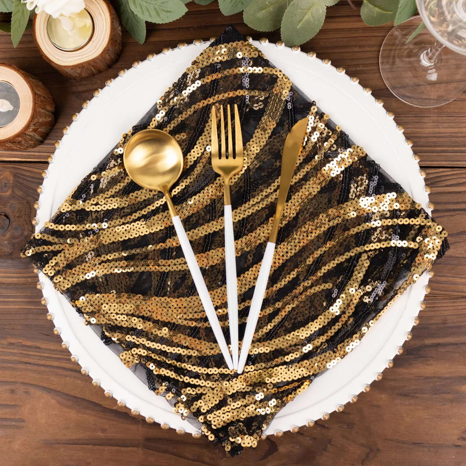 Sequin Mesh Napkin 20"x20" Black Gold - Wave Embroidered Dinner Napkin - Image 5