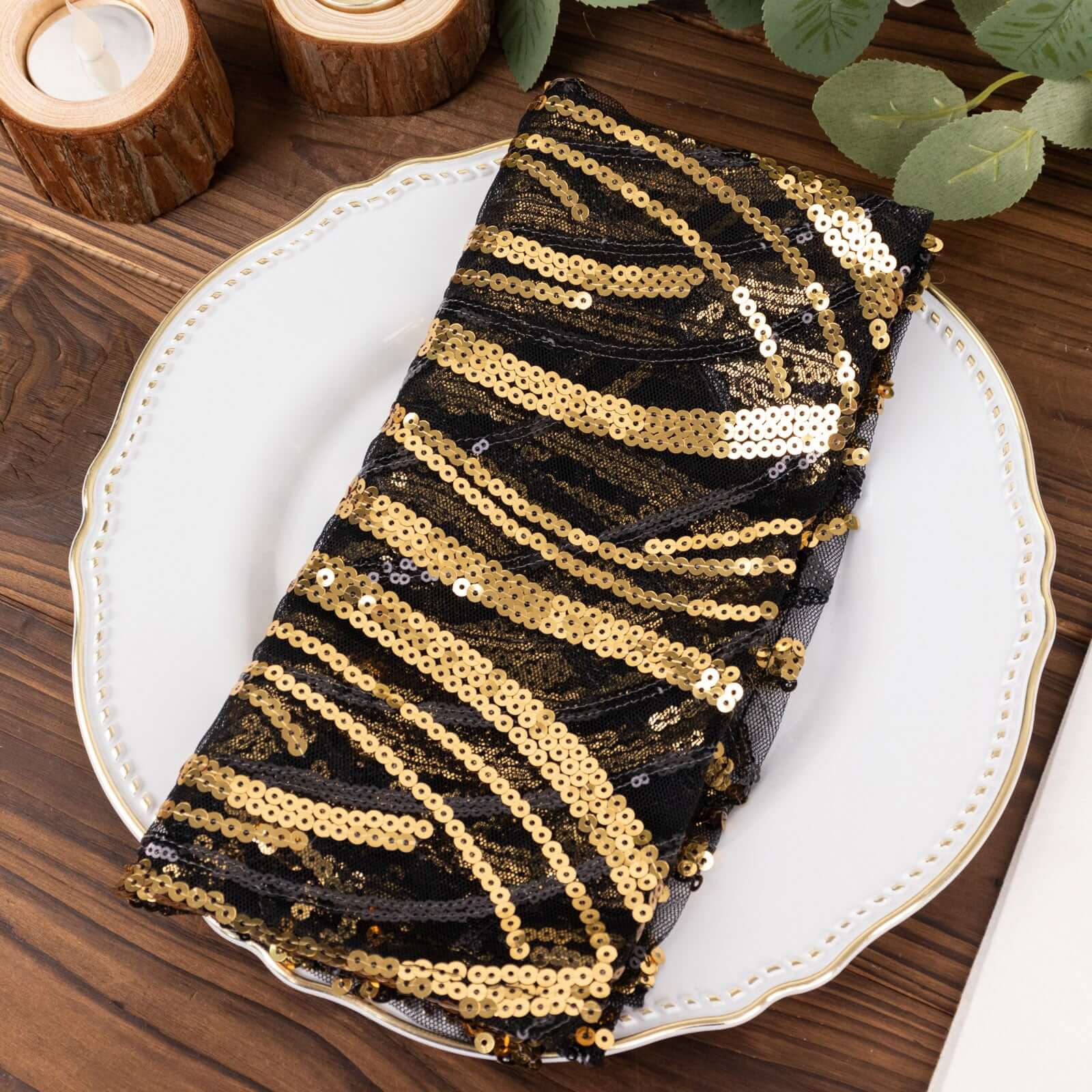 Sequin Mesh Napkin 20"x20" Black Gold - Wave Embroidered Dinner Napkin - Image 6