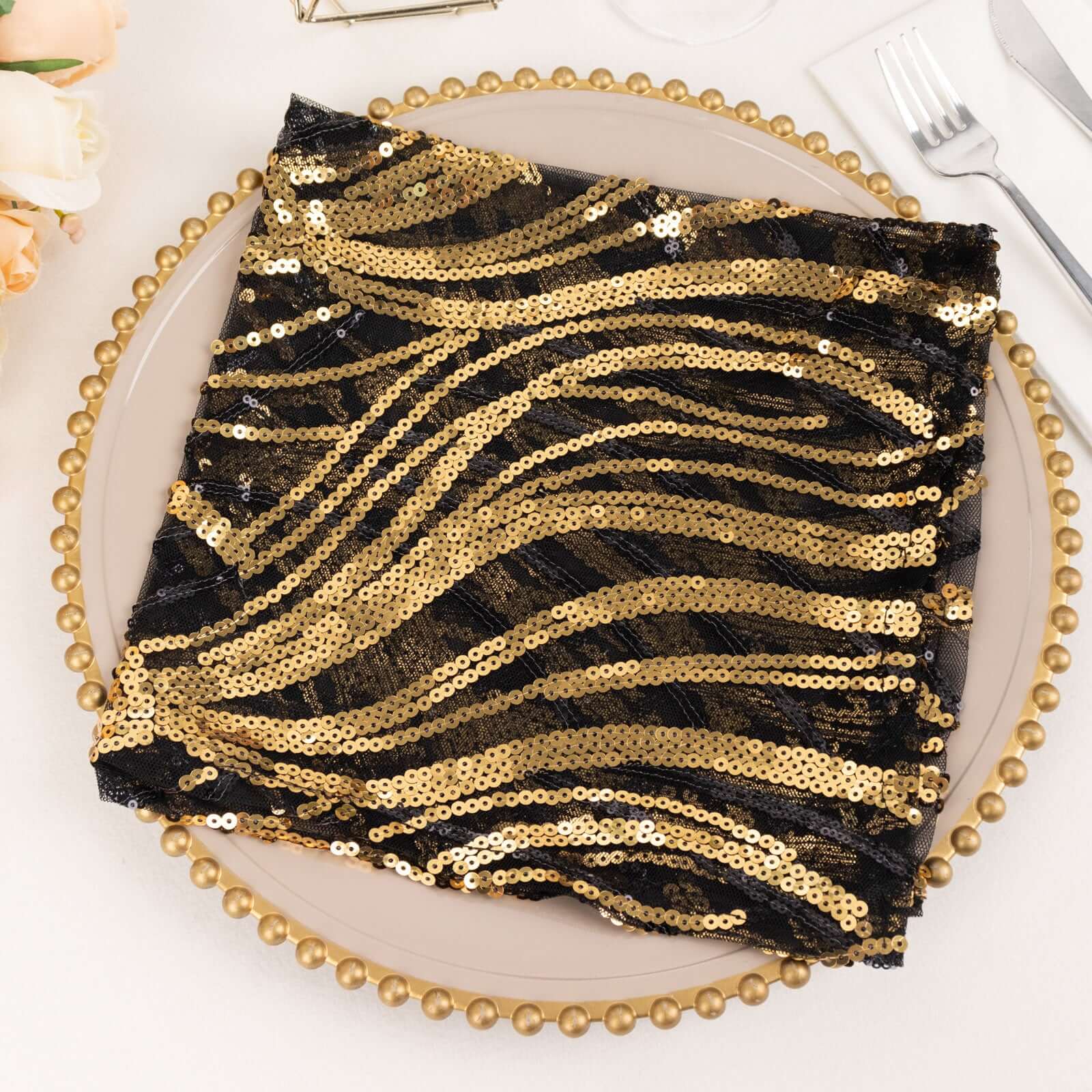Sequin Mesh Napkin 20"x20" Black Gold - Wave Embroidered Dinner Napkin - Image 7