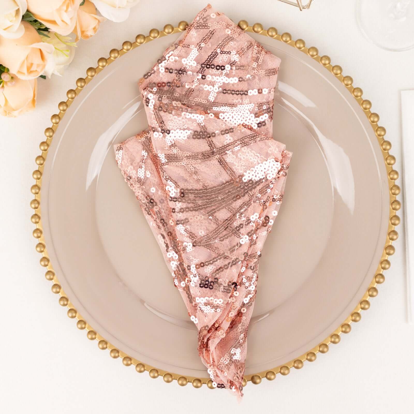 Sequin Mesh Napkin 20"x20" Blush - Wave Embroidered Dinner Napkin - Image 10