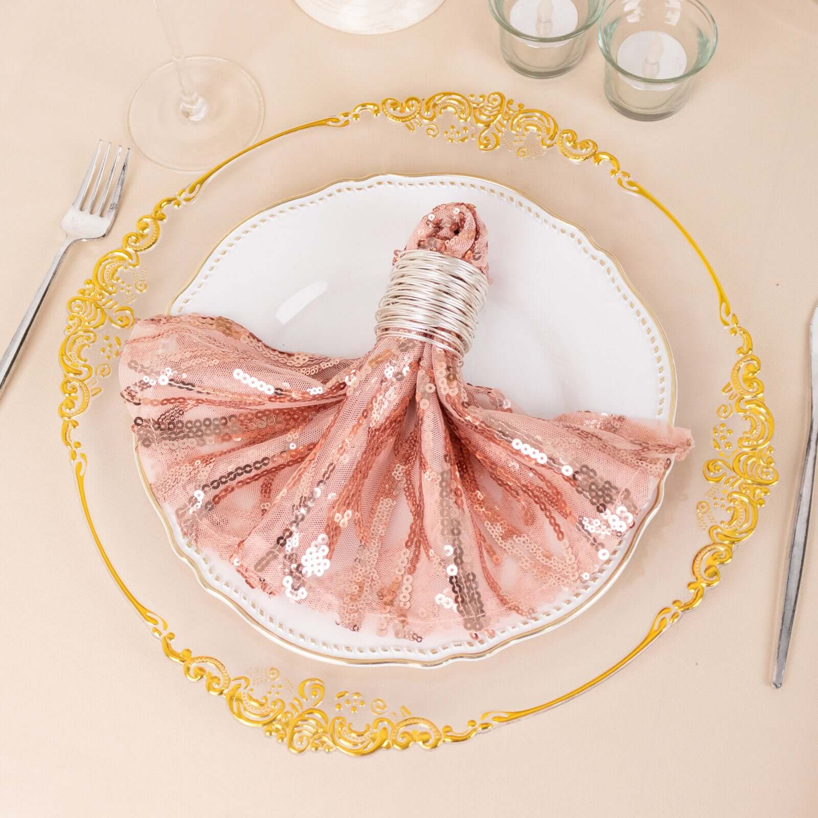 Sequin Mesh Napkin 20"x20" Blush - Wave Embroidered Dinner Napkin - Image 13