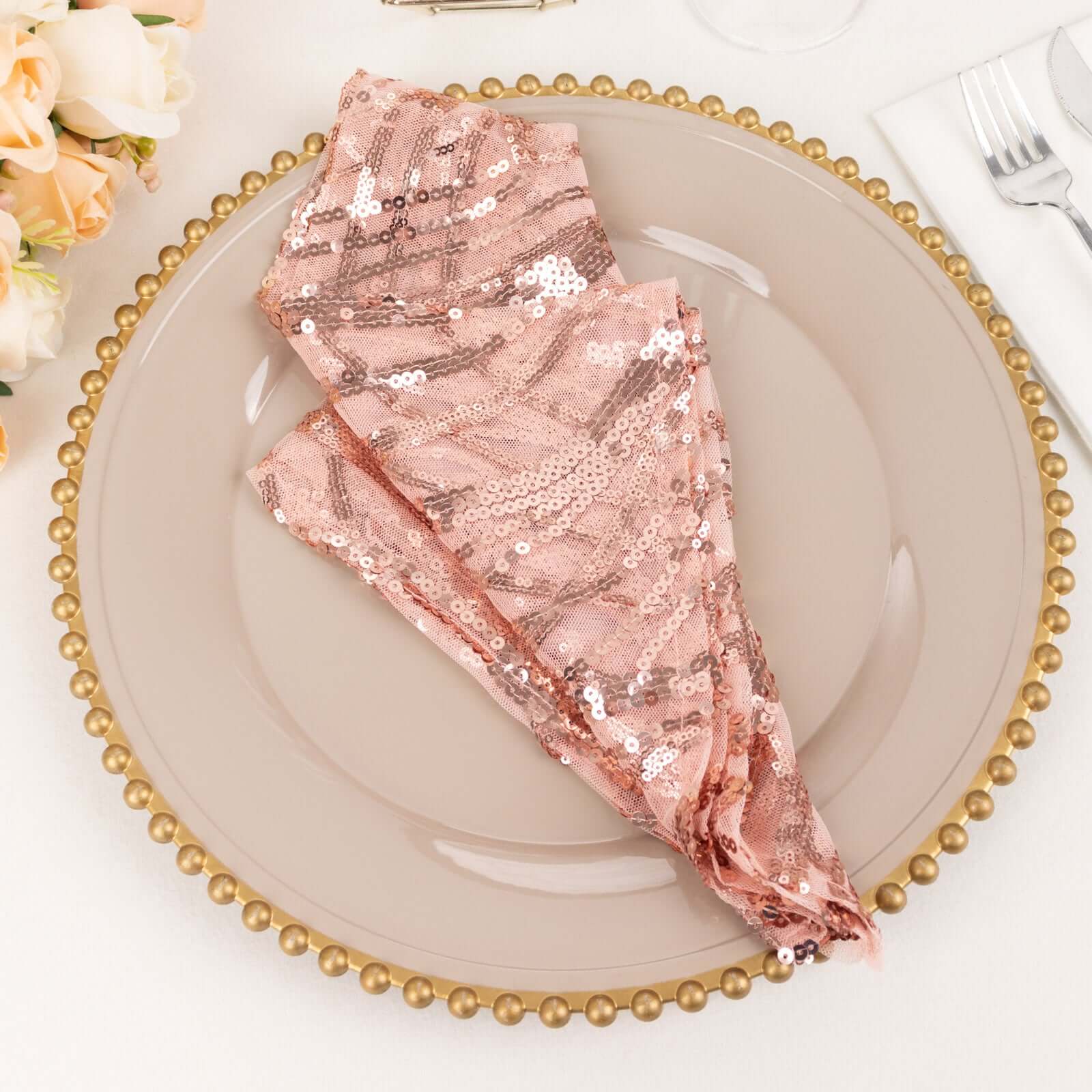 Sequin Mesh Napkin 20"x20" Blush - Wave Embroidered Dinner Napkin - Image 3
