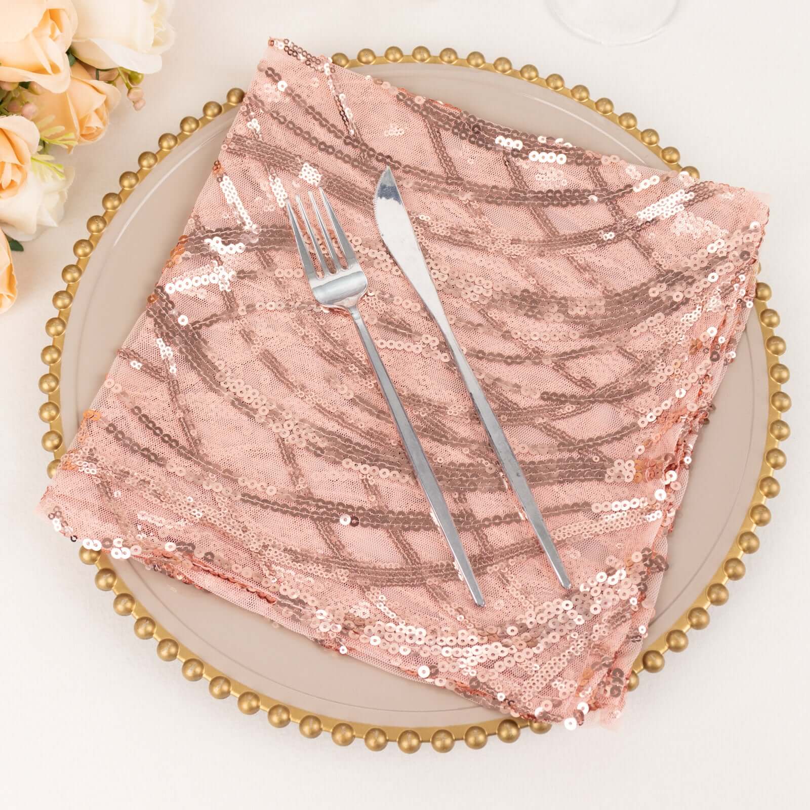 Sequin Mesh Napkin 20"x20" Blush - Wave Embroidered Dinner Napkin - Image 5