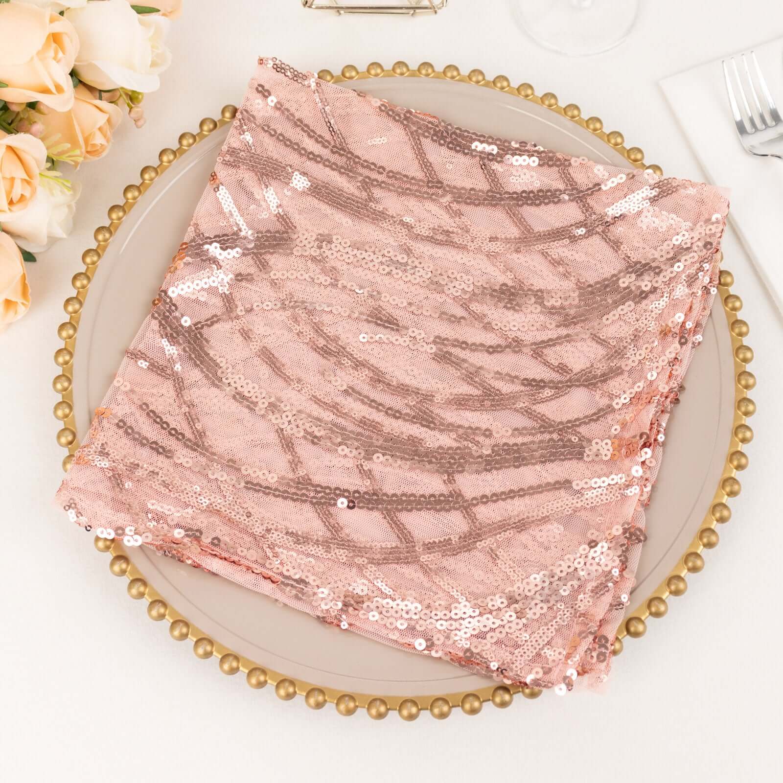 Sequin Mesh Napkin 20"x20" Blush - Wave Embroidered Dinner Napkin - Image 8