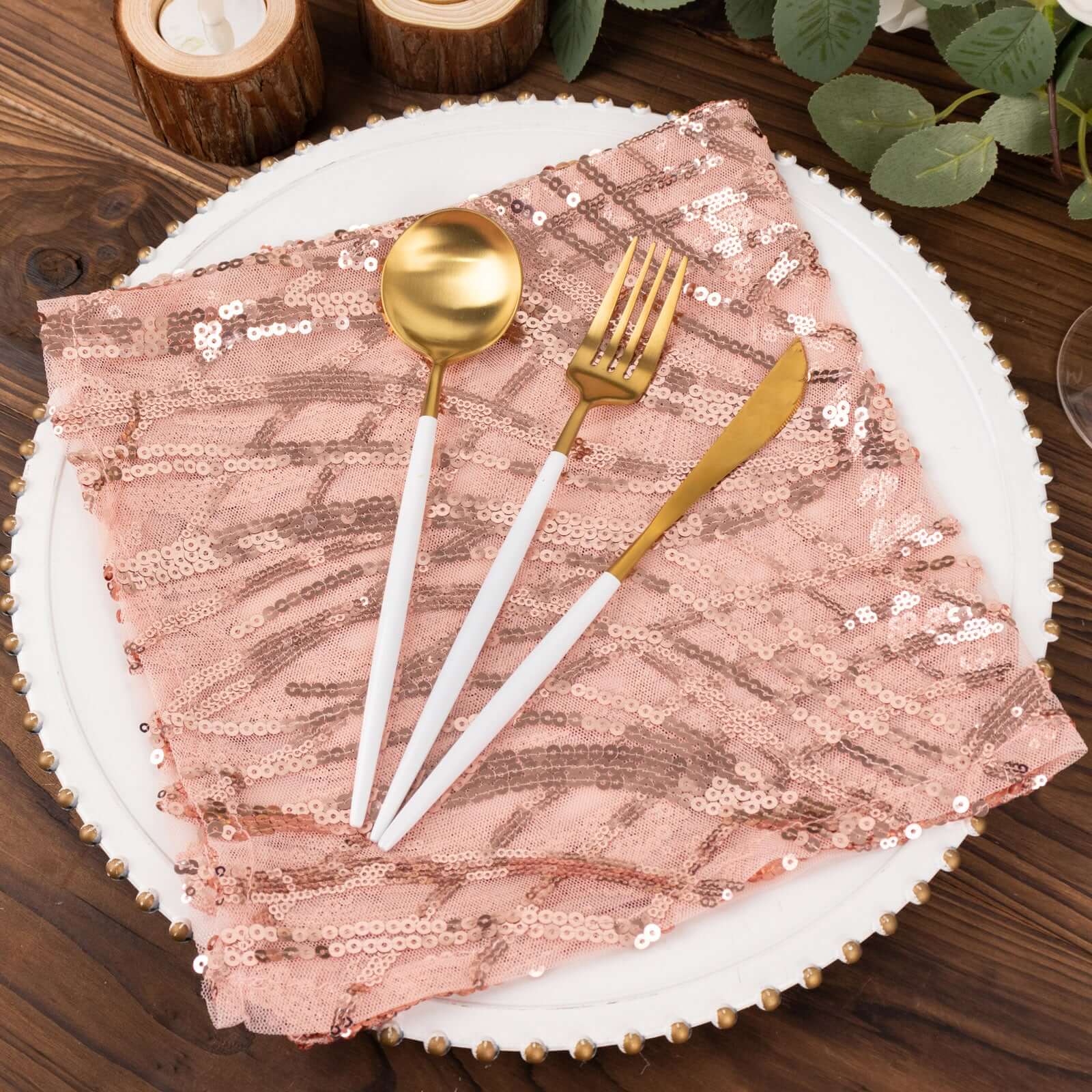 Sequin Mesh Napkin 20"x20" Blush - Wave Embroidered Dinner Napkin - Image 9