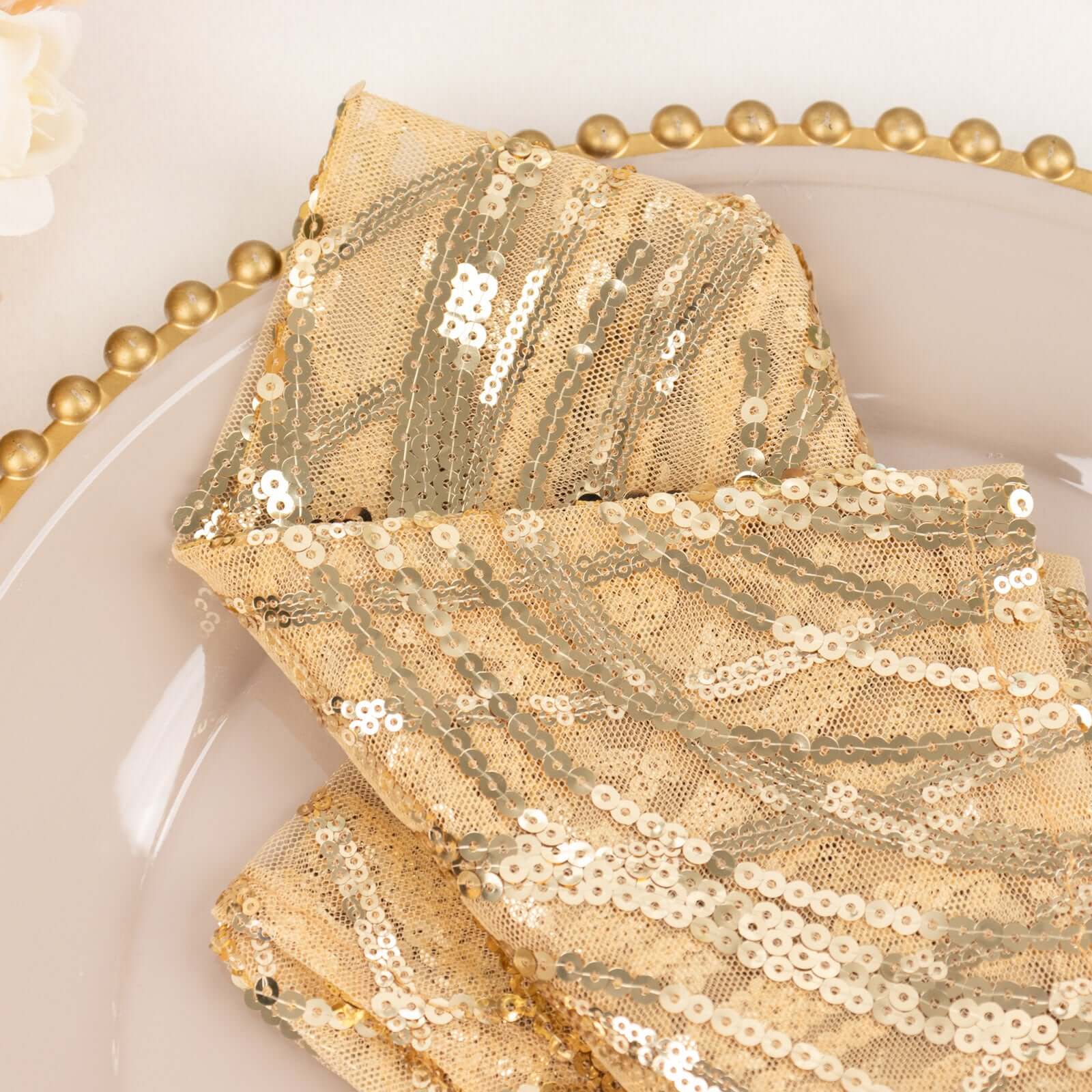 Sequin Mesh Napkin 20"x20" Champagne - Wave Embroidered Dinner Napkin - Image 12