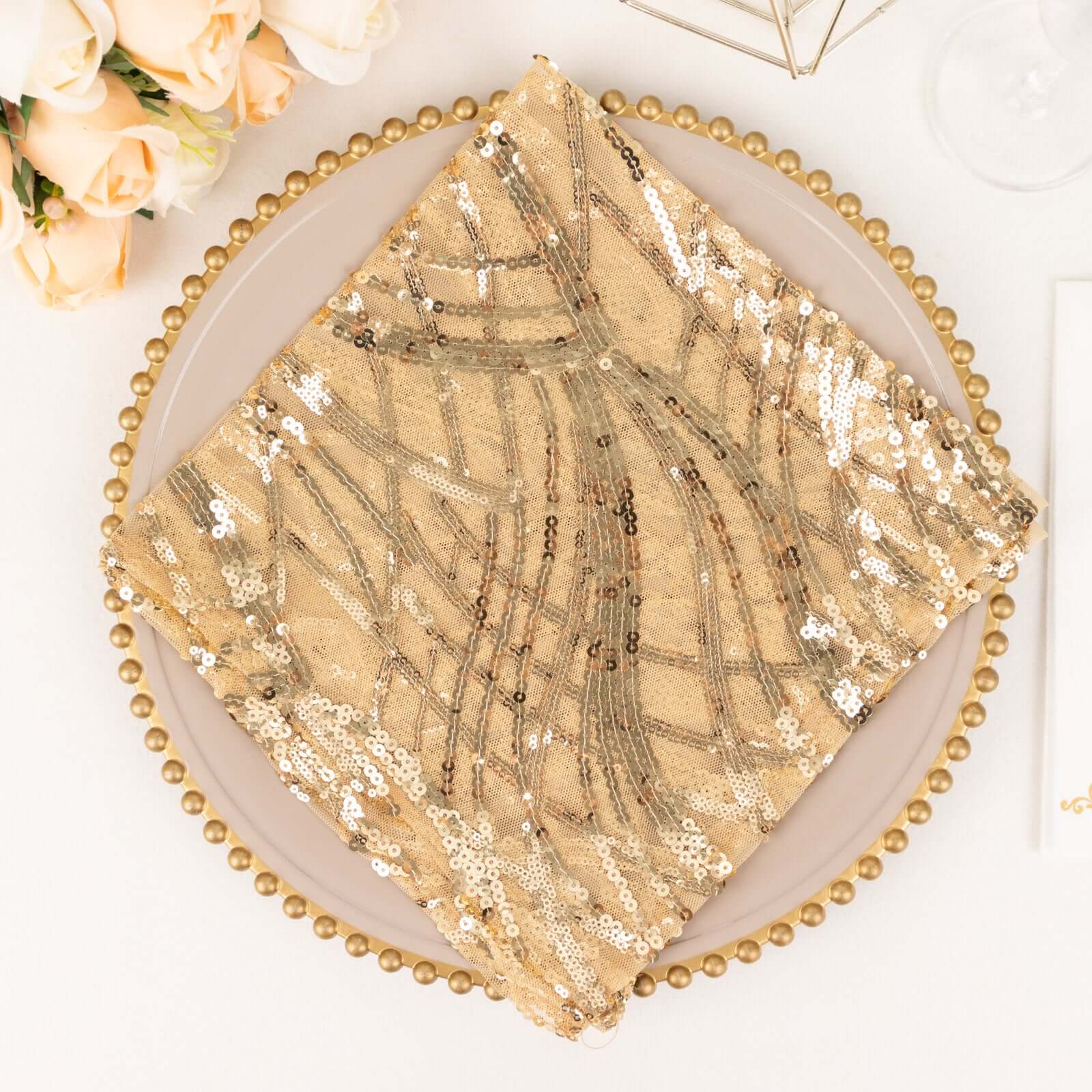 Sequin Mesh Napkin 20"x20" Champagne - Wave Embroidered Dinner Napkin - Image 3