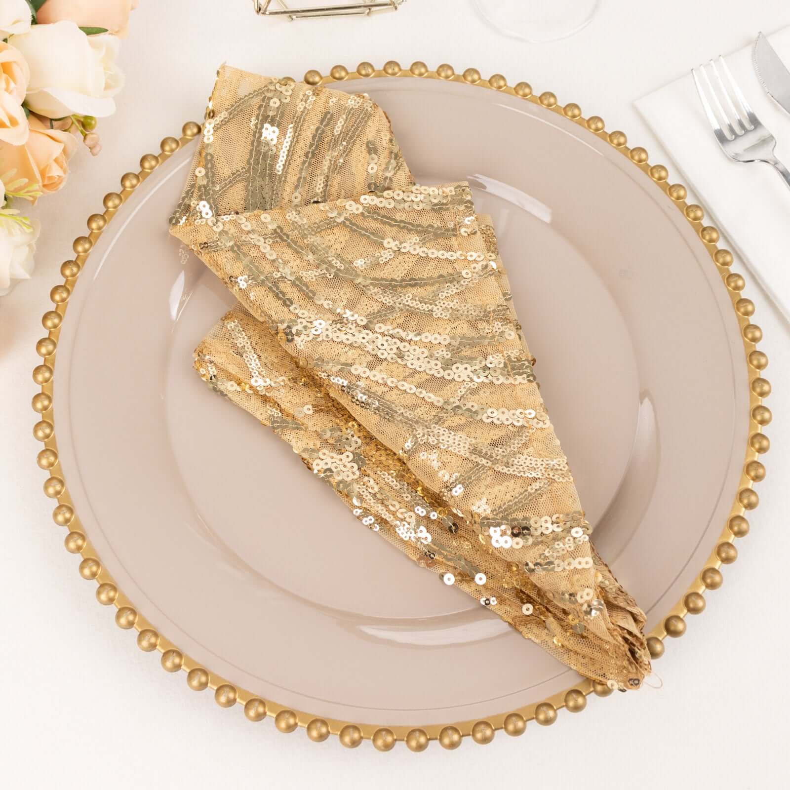 Sequin Mesh Napkin 20"x20" Champagne - Wave Embroidered Dinner Napkin - Image 4