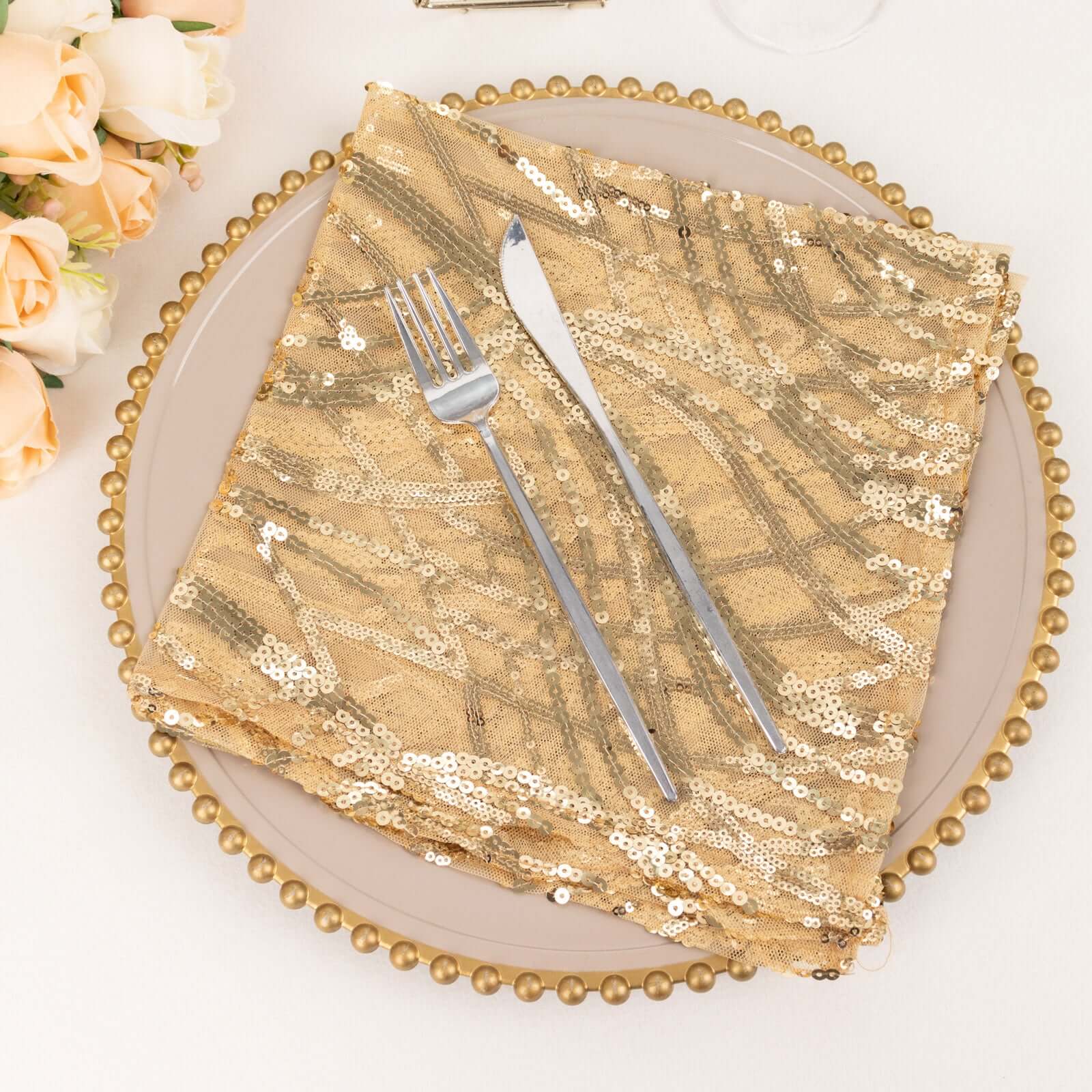 Sequin Mesh Napkin 20"x20" Champagne - Wave Embroidered Dinner Napkin - Image 6