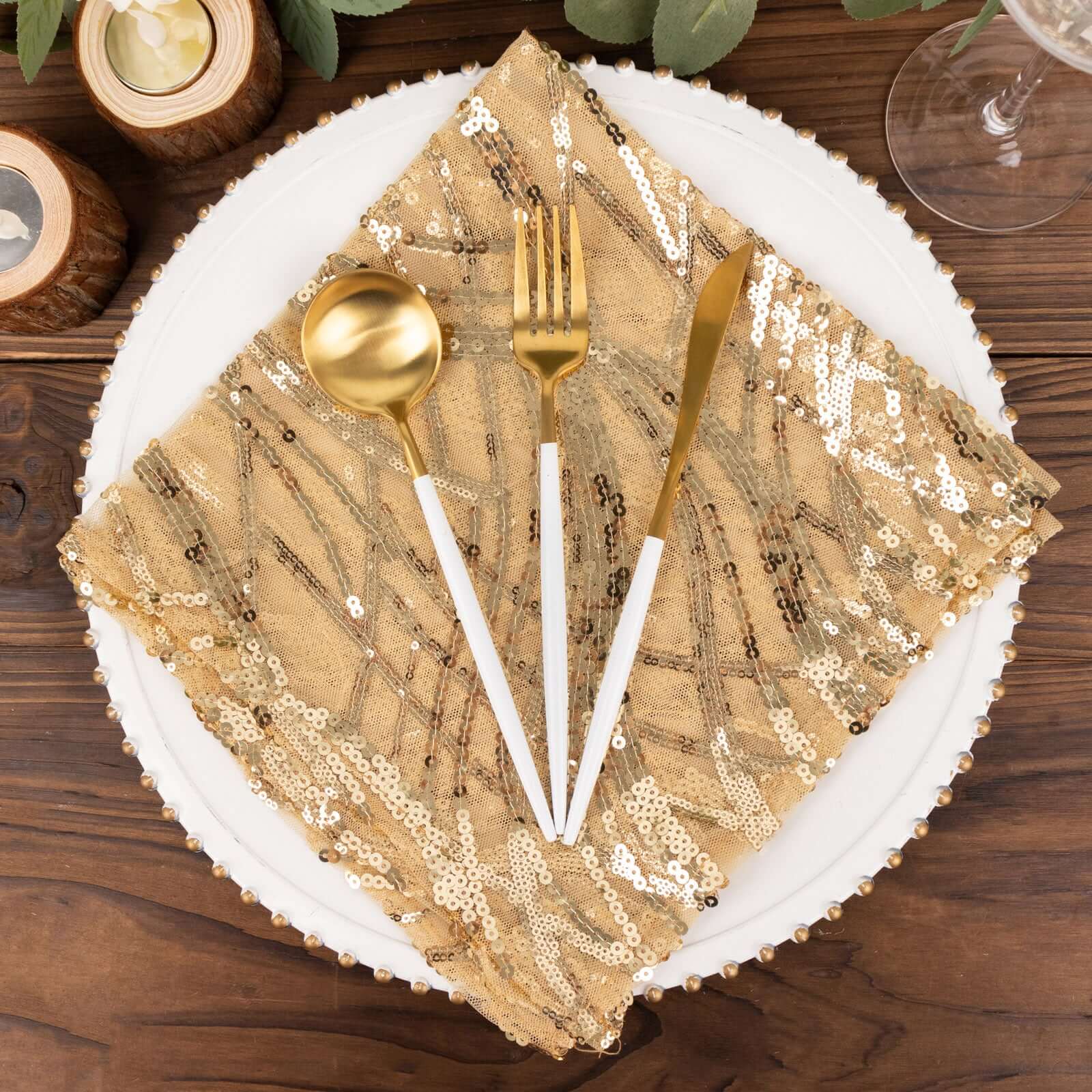 Sequin Mesh Napkin 20"x20" Champagne - Wave Embroidered Dinner Napkin - Image 7
