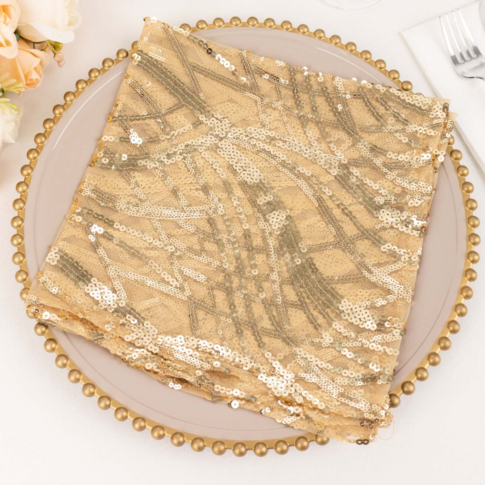 Sequin Mesh Napkin 20"x20" Champagne - Wave Embroidered Dinner Napkin - Image 9