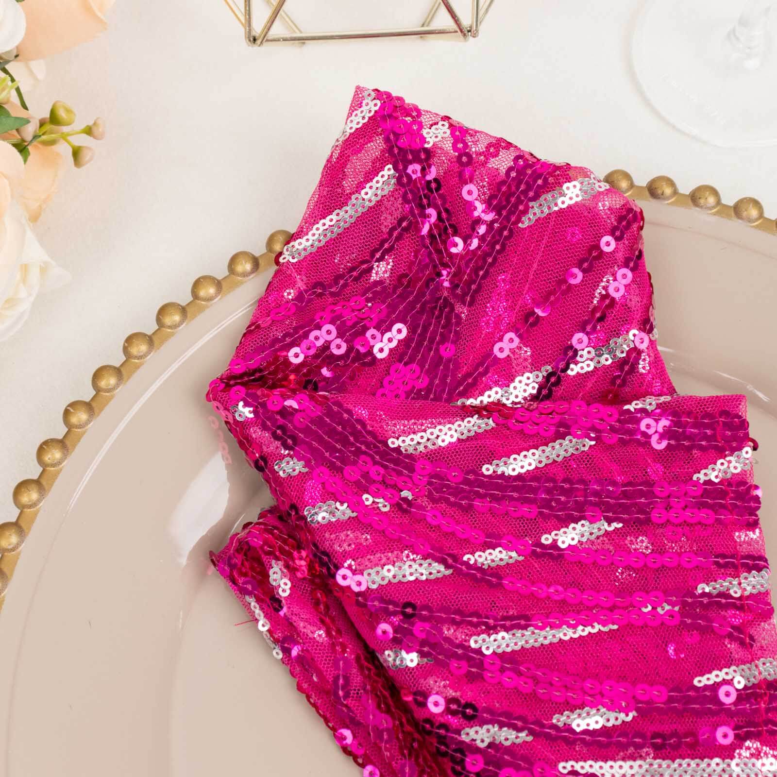 Sequin Mesh Napkin 20"x20" Fuchsia Silver - Wave Embroidered Dinner Napkin - Image 3