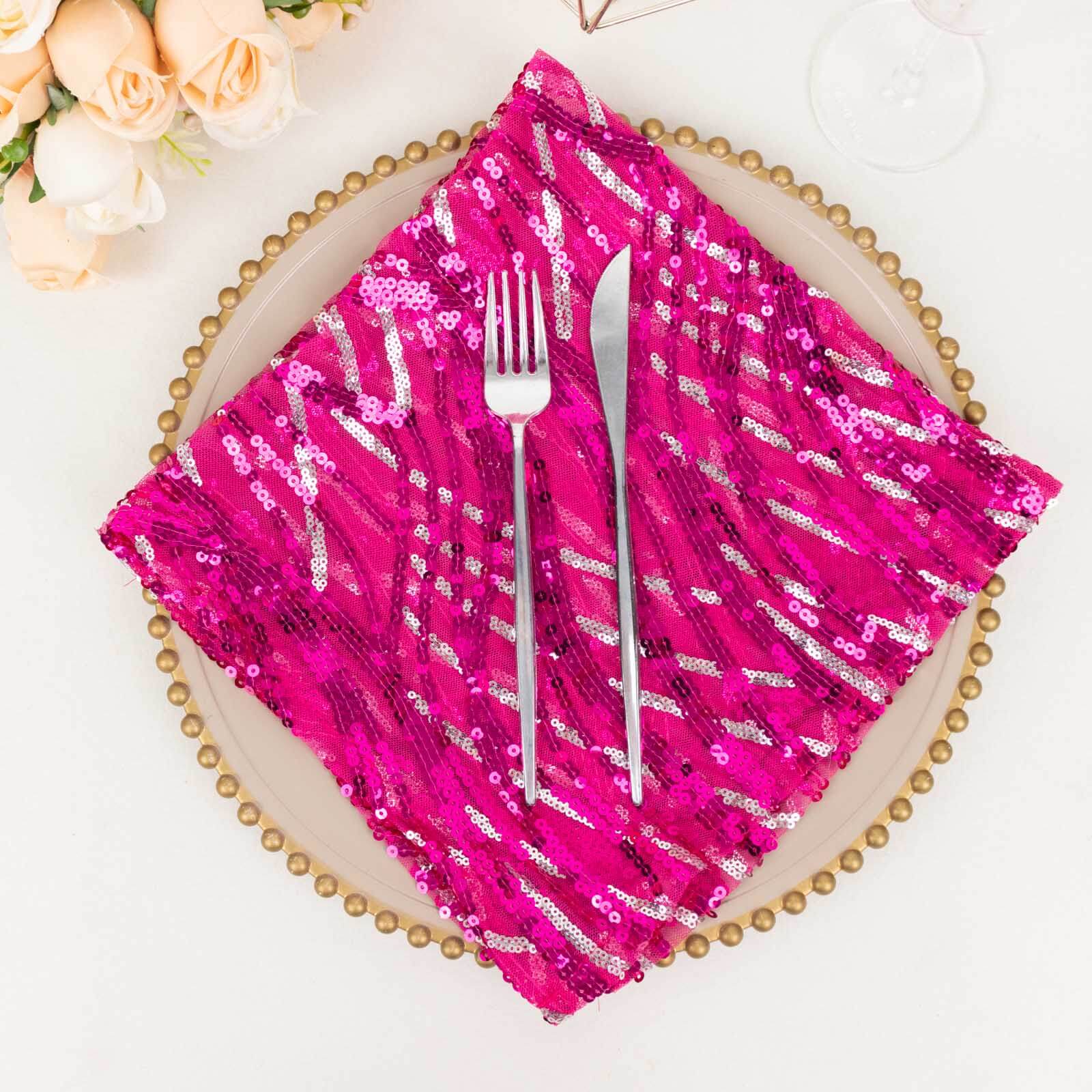 Sequin Mesh Napkin 20"x20" Fuchsia Silver - Wave Embroidered Dinner Napkin - Image 4