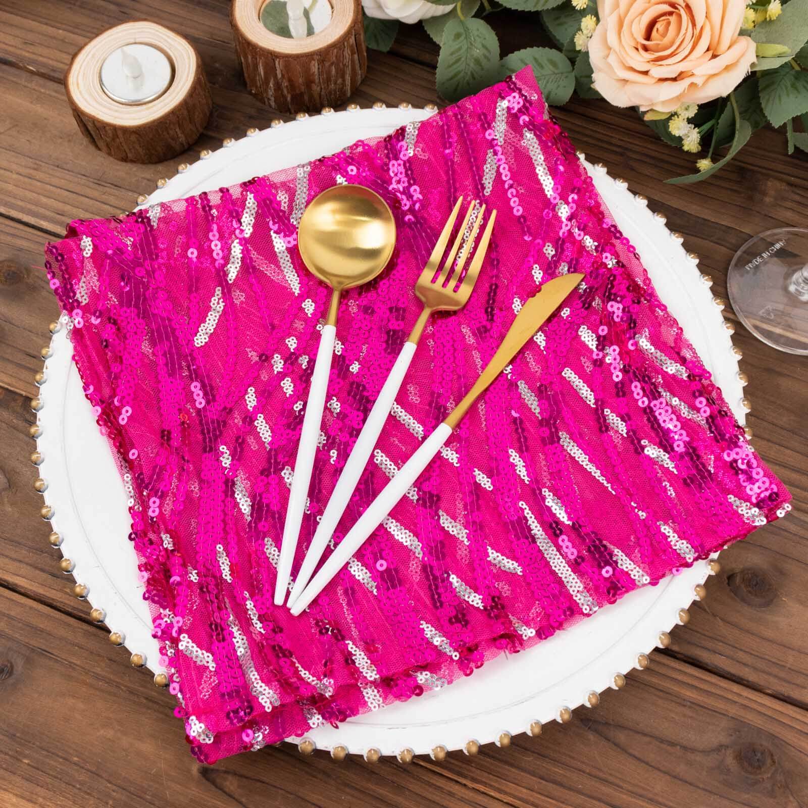 Sequin Mesh Napkin 20"x20" Fuchsia Silver - Wave Embroidered Dinner Napkin - Image 5