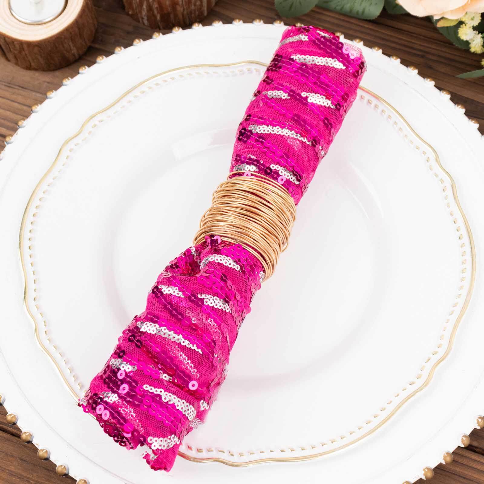 Sequin Mesh Napkin 20"x20" Fuchsia Silver - Wave Embroidered Dinner Napkin - Image 7