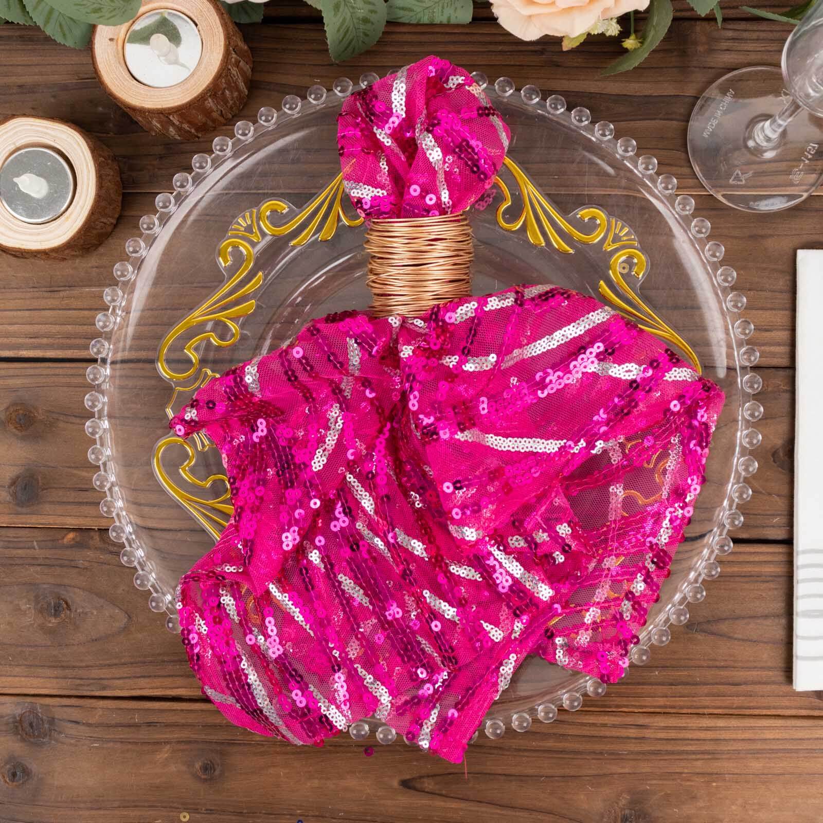 Sequin Mesh Napkin 20"x20" Fuchsia Silver - Wave Embroidered Dinner Napkin - Image 8