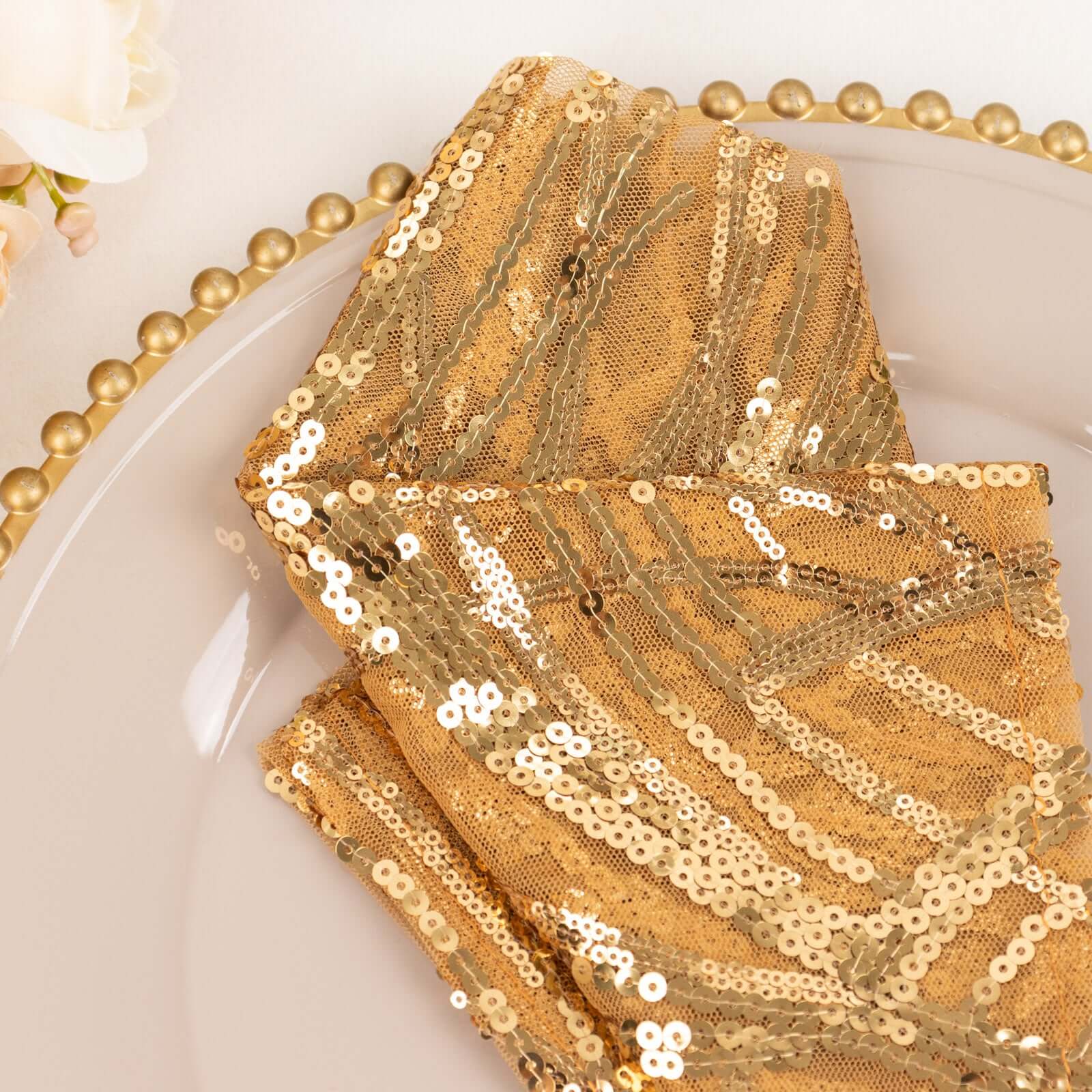 Sequin Mesh Napkin 20"x20" Gold Wave Embroidered Decorative Dinner Napkin for Sparkling Wedding & Event Decor - Image 11