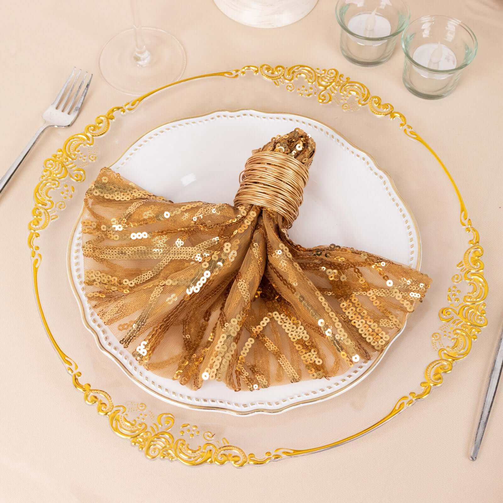 Sequin Mesh Napkin 20"x20" Gold Wave Embroidered Decorative Dinner Napkin for Sparkling Wedding & Event Decor - Image 12