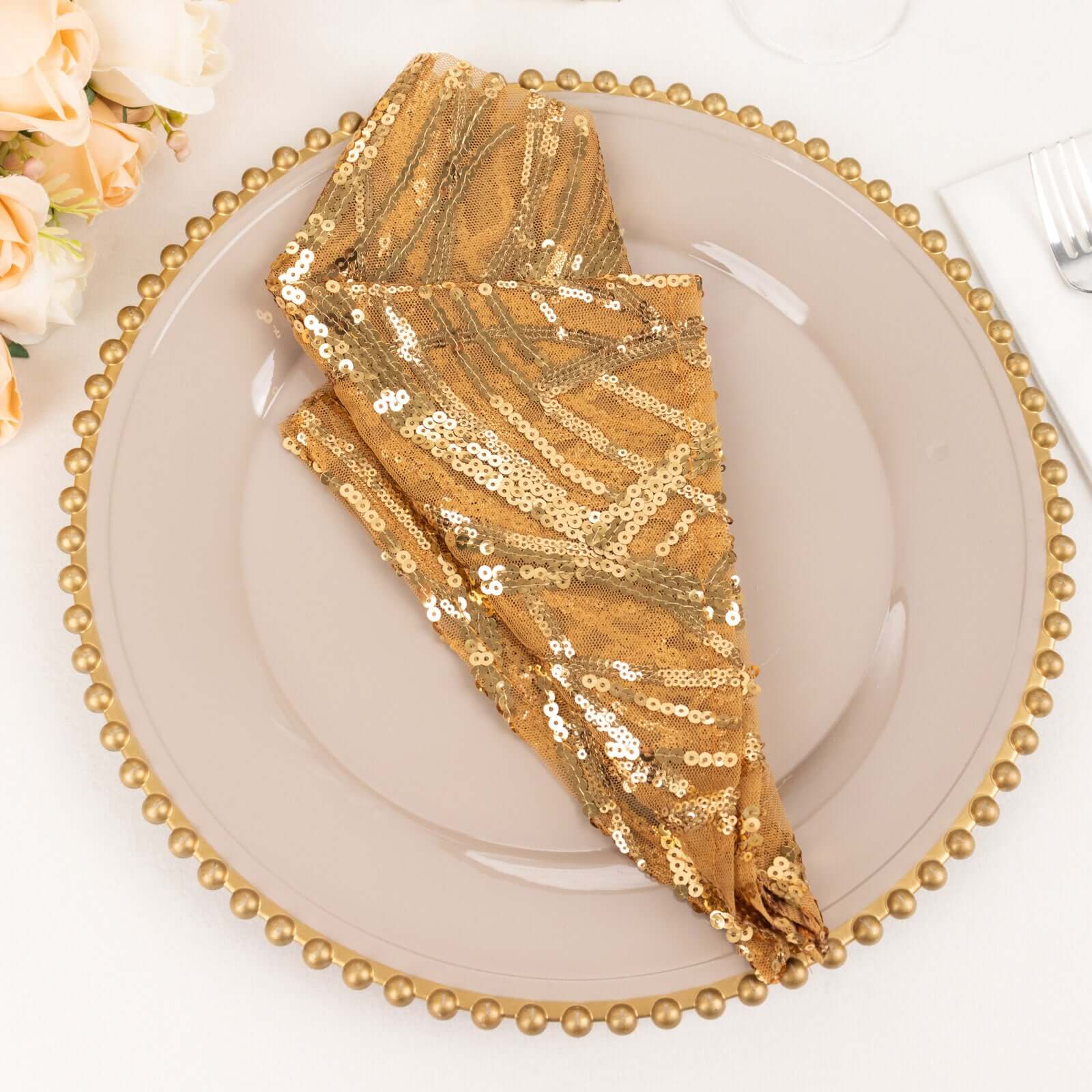 Sequin Mesh Napkin 20"x20" Gold Wave Embroidered Decorative Dinner Napkin for Sparkling Wedding & Event Decor - Image 13