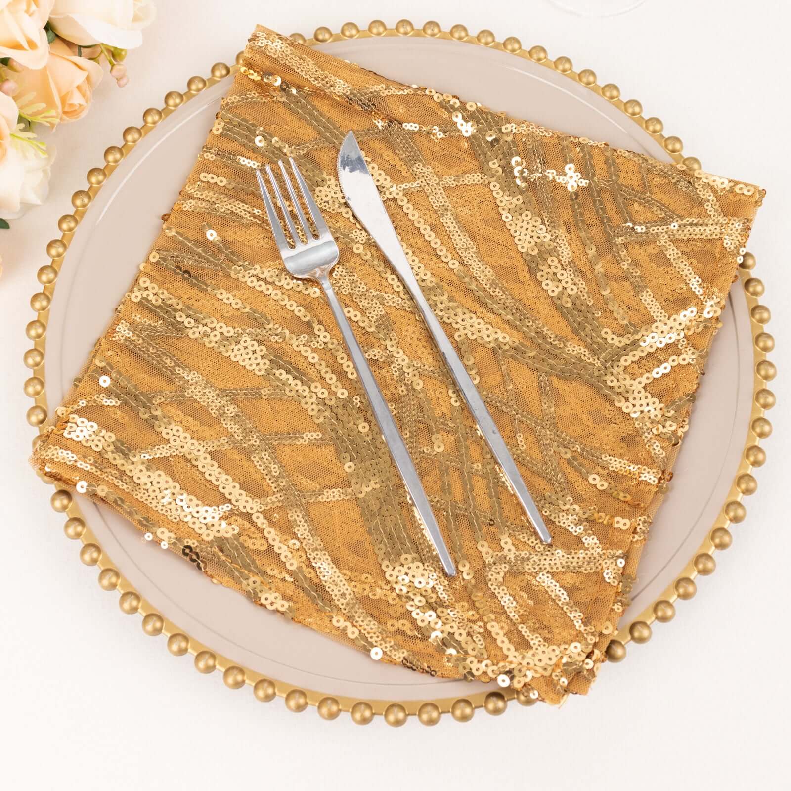 Sequin Mesh Napkin 20"x20" Gold Wave Embroidered Decorative Dinner Napkin for Sparkling Wedding & Event Decor - Image 4