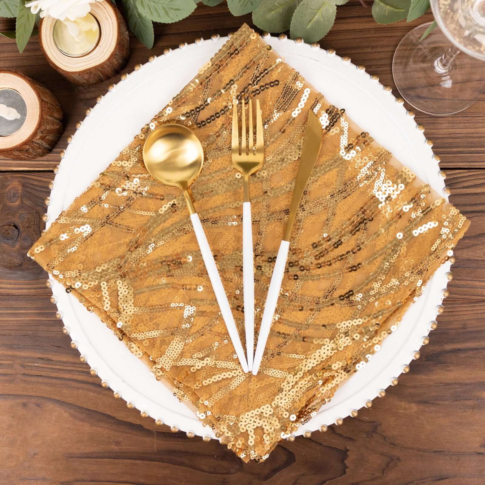 Sequin Mesh Napkin 20"x20" Gold Wave Embroidered Decorative Dinner Napkin for Sparkling Wedding & Event Decor - Image 5