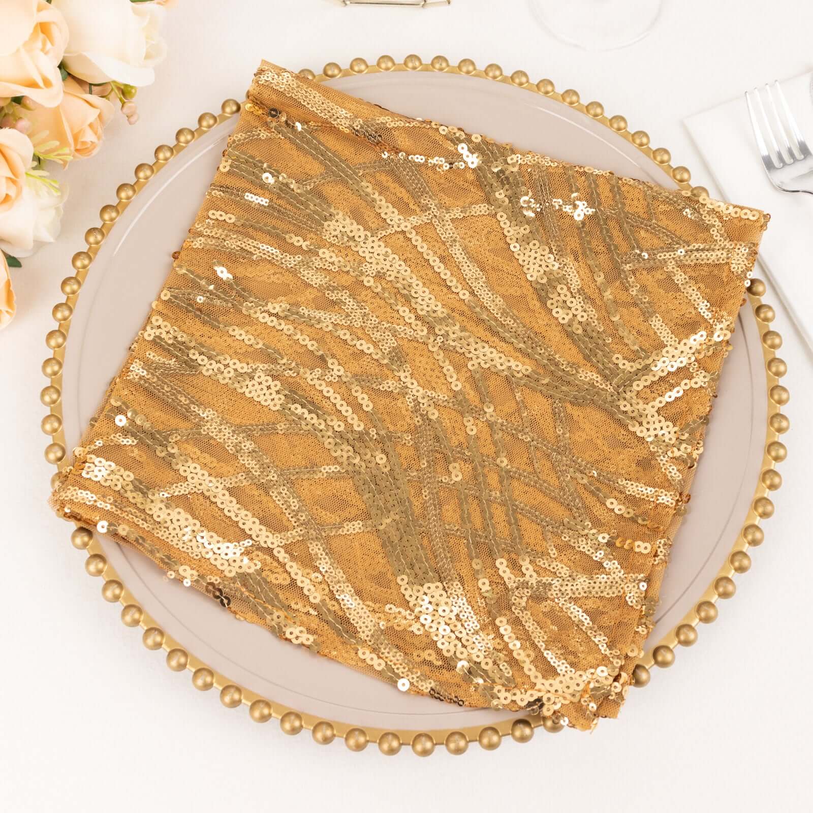Sequin Mesh Napkin 20"x20" Gold Wave Embroidered Decorative Dinner Napkin for Sparkling Wedding & Event Decor - Image 6