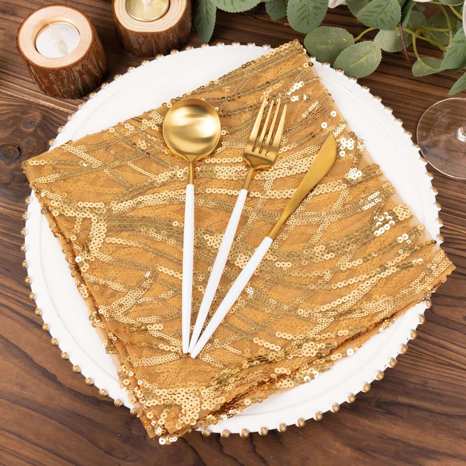 Sequin Mesh Napkin 20"x20" Gold Wave Embroidered Decorative Dinner Napkin for Sparkling Wedding & Event Decor - Image 7