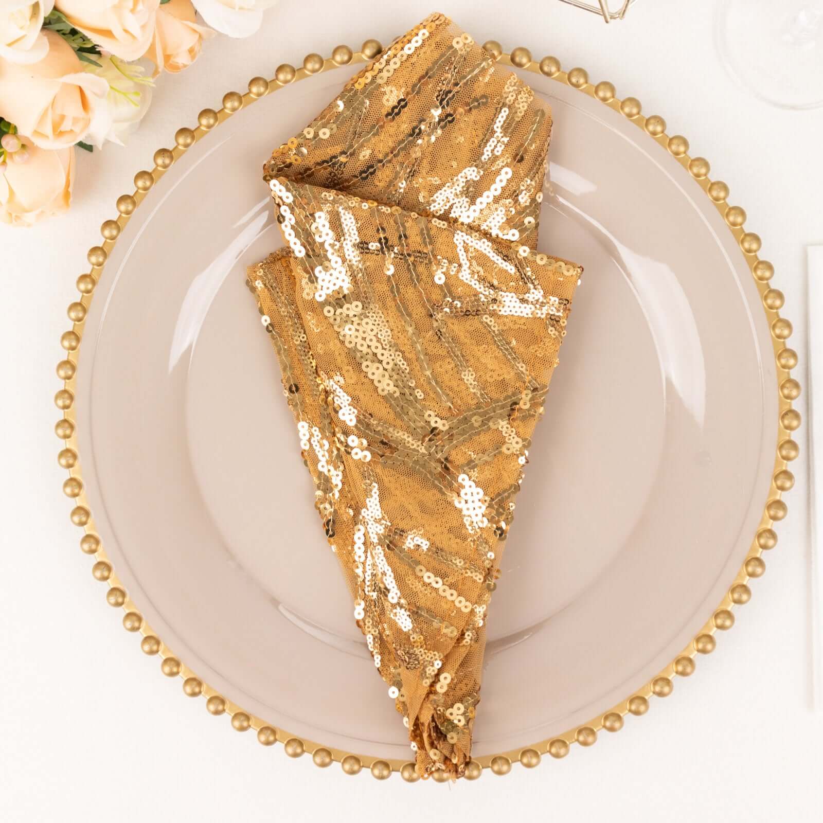Sequin Mesh Napkin 20"x20" Gold Wave Embroidered Decorative Dinner Napkin for Sparkling Wedding & Event Decor - Image 8