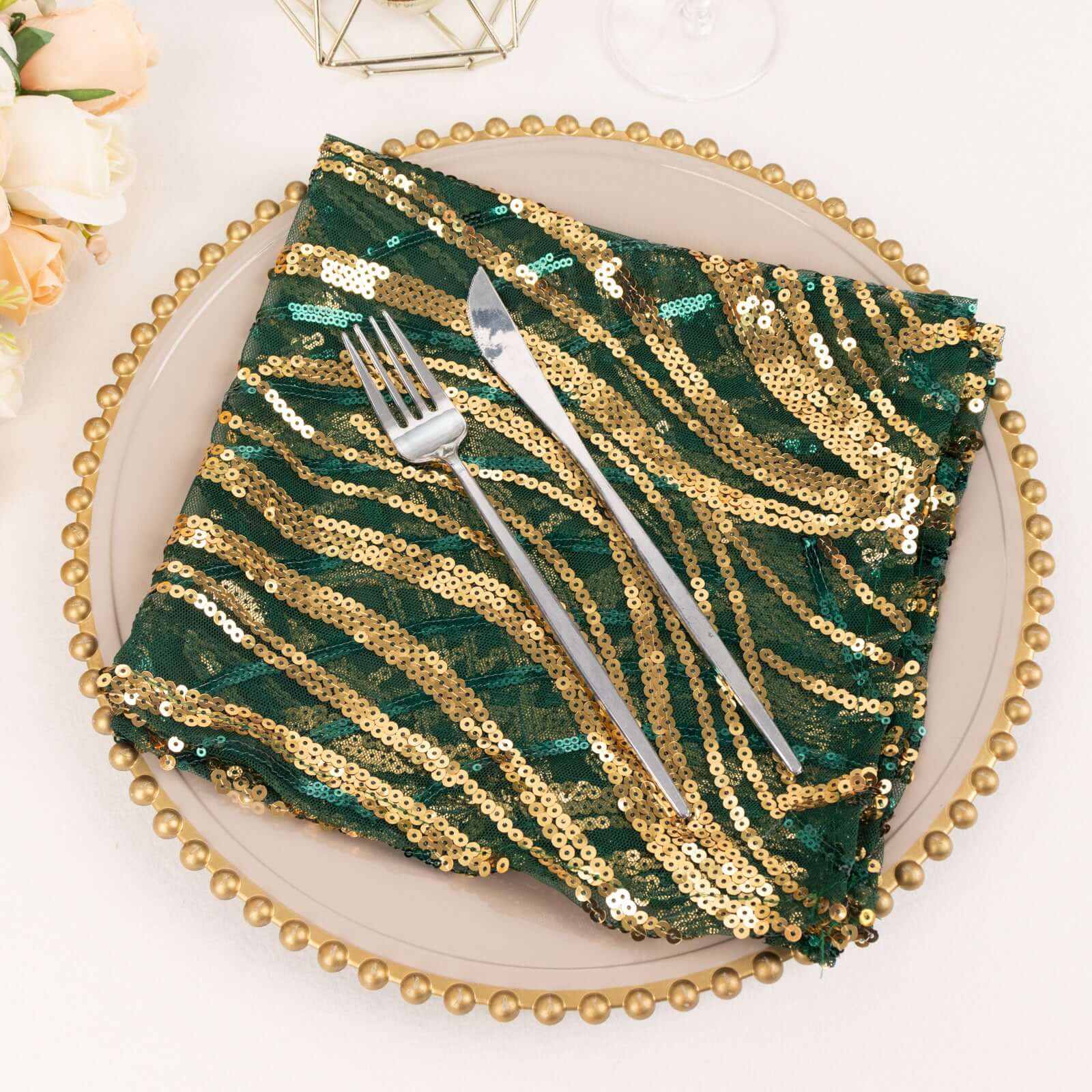 Sequin Mesh Napkin 20"x20" Hunter Emerald Green Gold - Wave Embroidered Dinner Napkin - Image 5