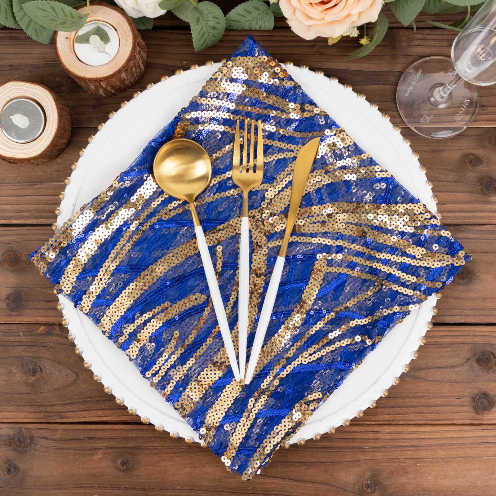 Sequin Mesh Napkin 20"x20" Royal Blue Gold - Wave Embroidered Dinner Napkin - Image 2