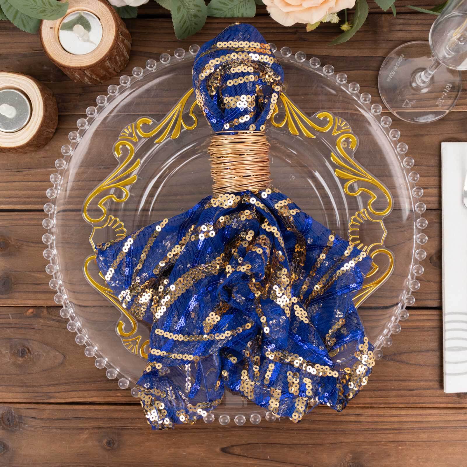 Sequin Mesh Napkin 20"x20" Royal Blue Gold - Wave Embroidered Dinner Napkin - Image 7