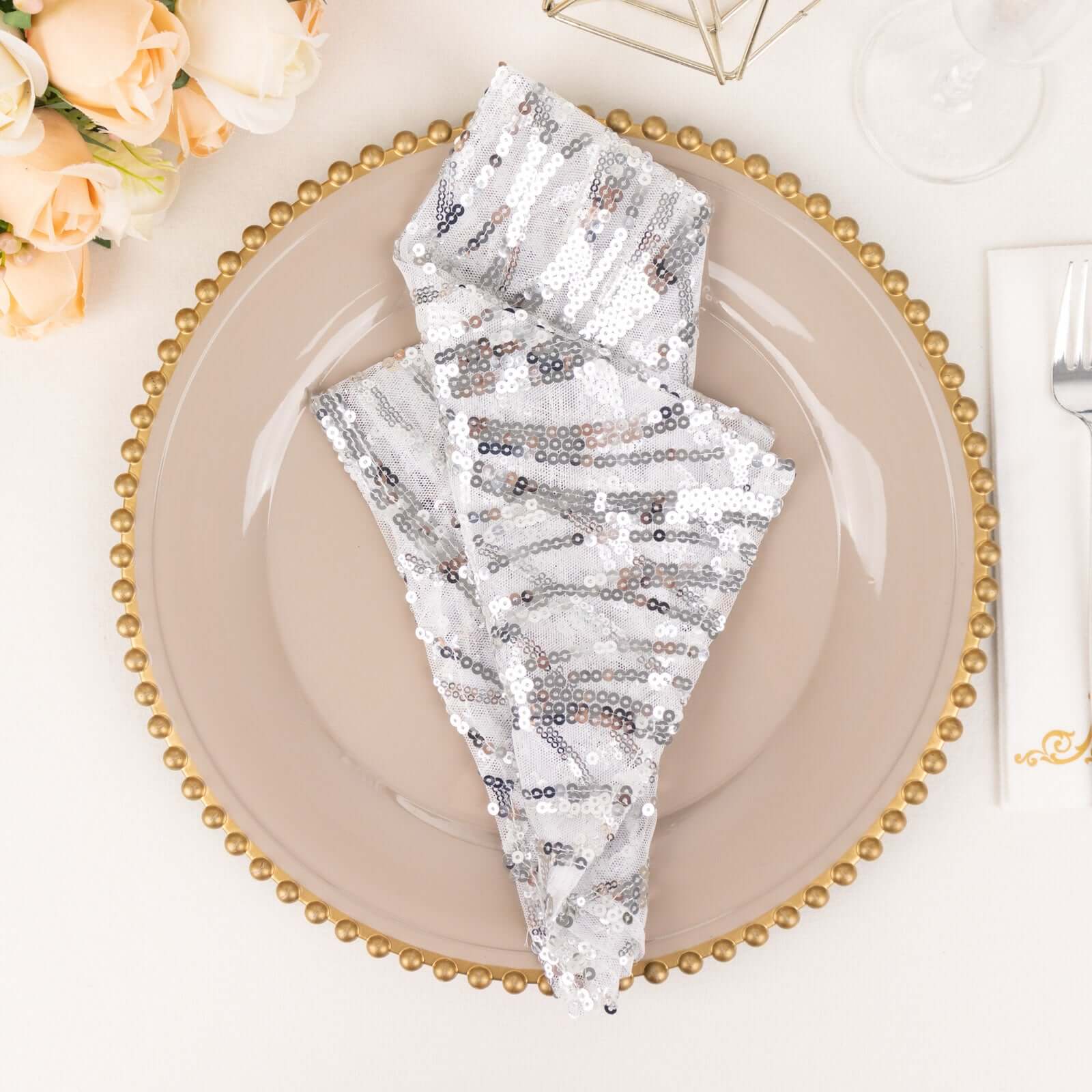 Sequin Mesh Napkin 20"x20" Silver - Wave Embroidered Dinner Napkin - Image 10