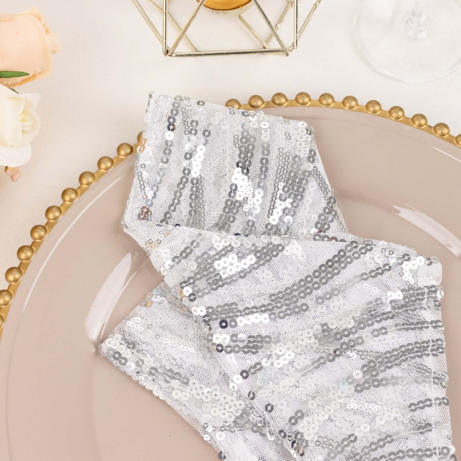 Sequin Mesh Napkin 20"x20" Silver - Wave Embroidered Dinner Napkin - Image 12