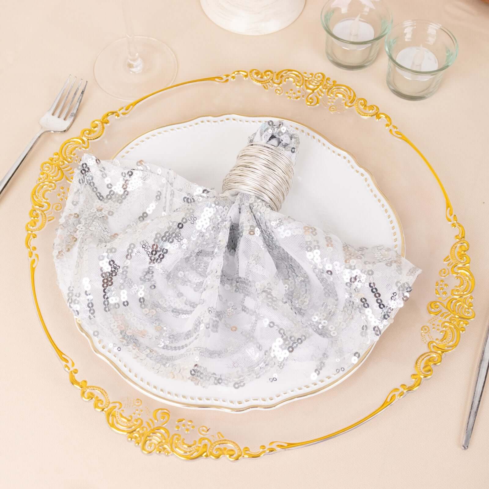 Sequin Mesh Napkin 20"x20" Silver - Wave Embroidered Dinner Napkin - Image 13