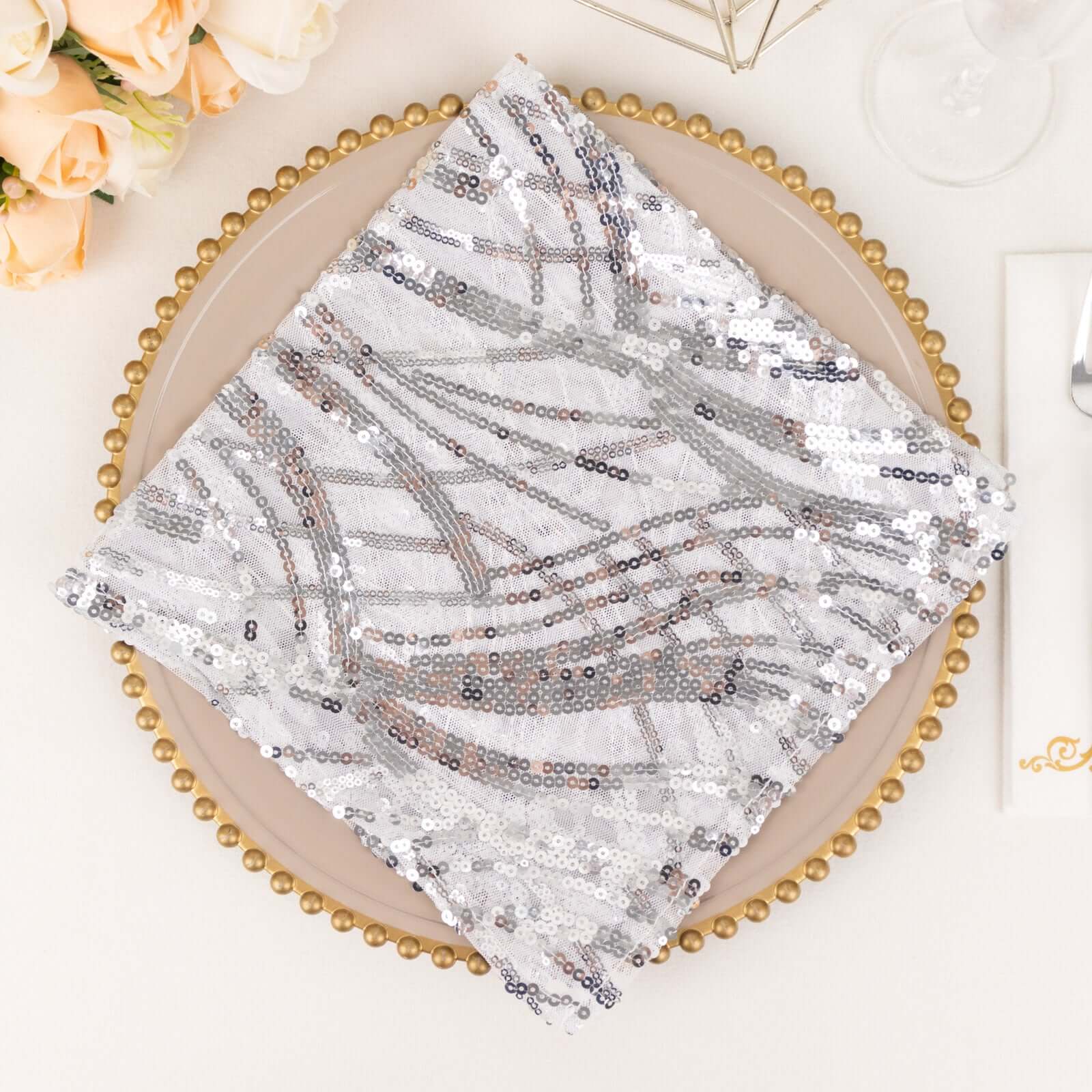 Sequin Mesh Napkin 20"x20" Silver - Wave Embroidered Dinner Napkin - Image 2