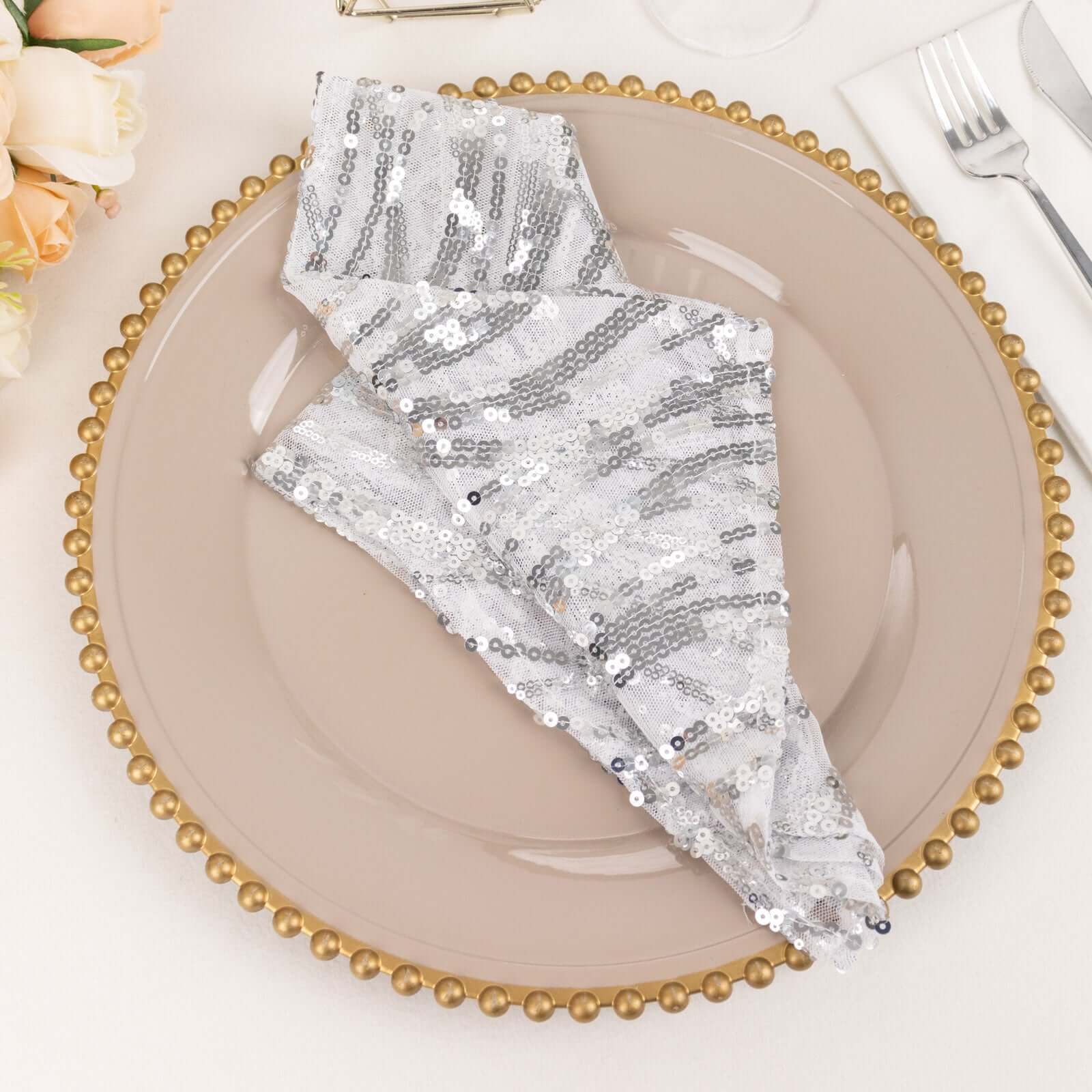 Sequin Mesh Napkin 20"x20" Silver - Wave Embroidered Dinner Napkin - Image 3